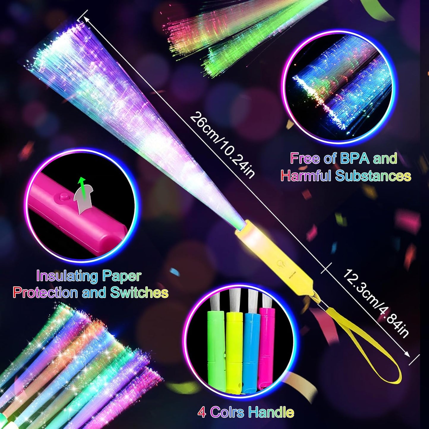 38 PCS Glow Sticks Bulk, Glow Fiber Optic Sticks, LED Light Wands, Glow in The Dark New Year's Party Supplies, Fiber Optic Wands for Weddings, Flashing LED Party Favors, Colorful Light Sticks