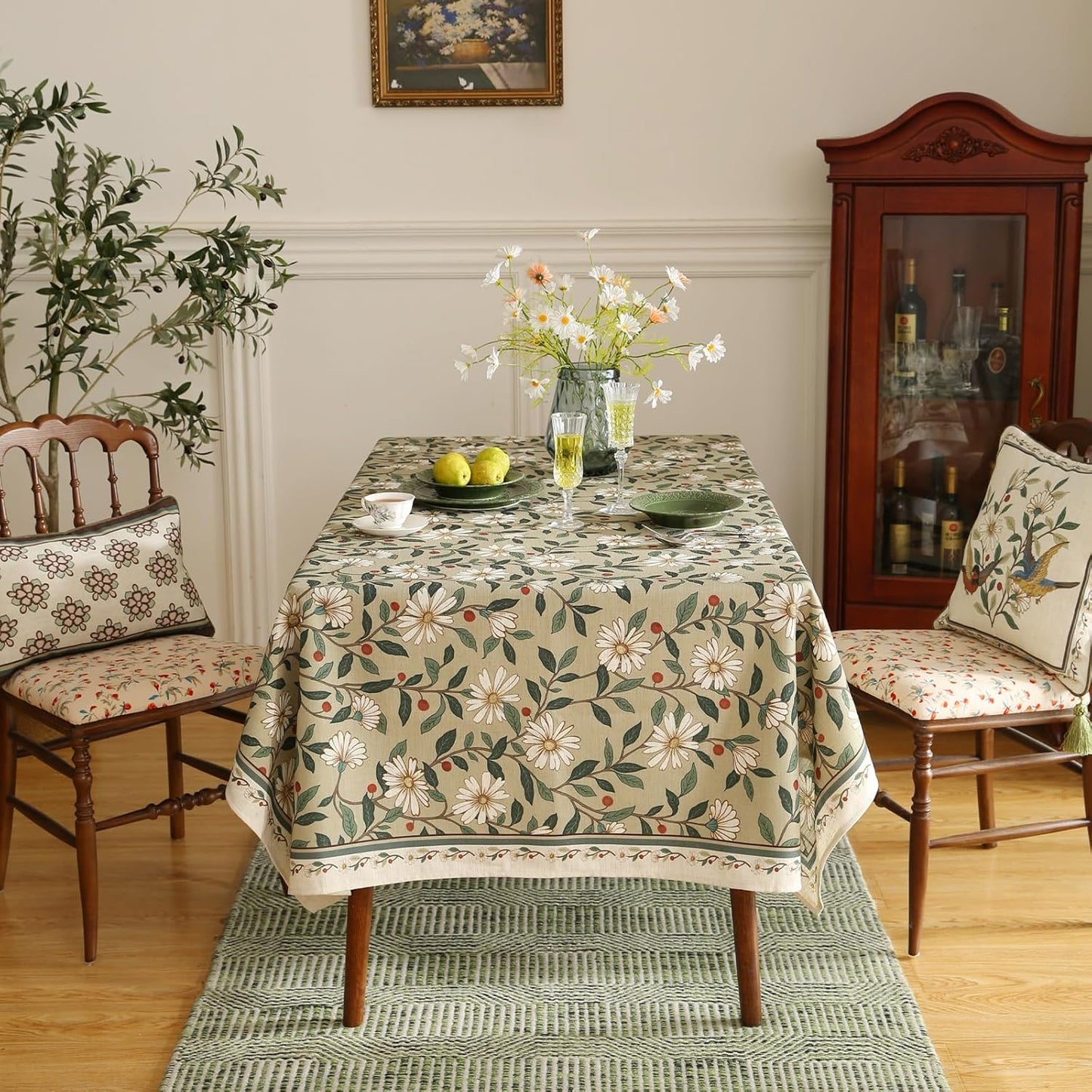 ISAENNE Designer Green Linen Long Rectangle Tablecloth,Floral French Country Indoor Table Cloth,Stain Resistant Home Decor Tablecloths for Dining Kitchen Thanksgiving Party,63"*94"-Brune