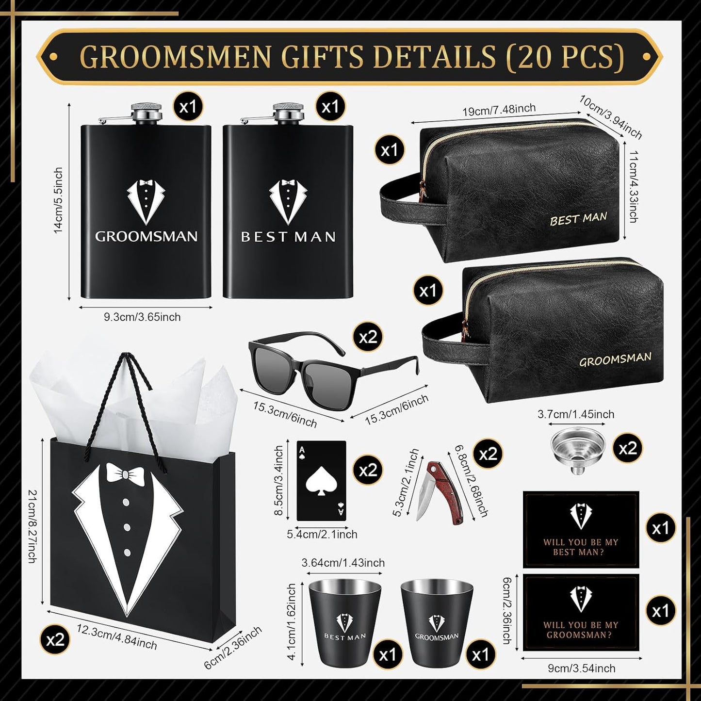 20Pcs Groomsmen Gifts Groomsmen Proposal Box with Flasks Sunglasses PU Leather Toiletry Bag Bottle Opener for Wedding Groomsman Best Man Gift (2, Black)
