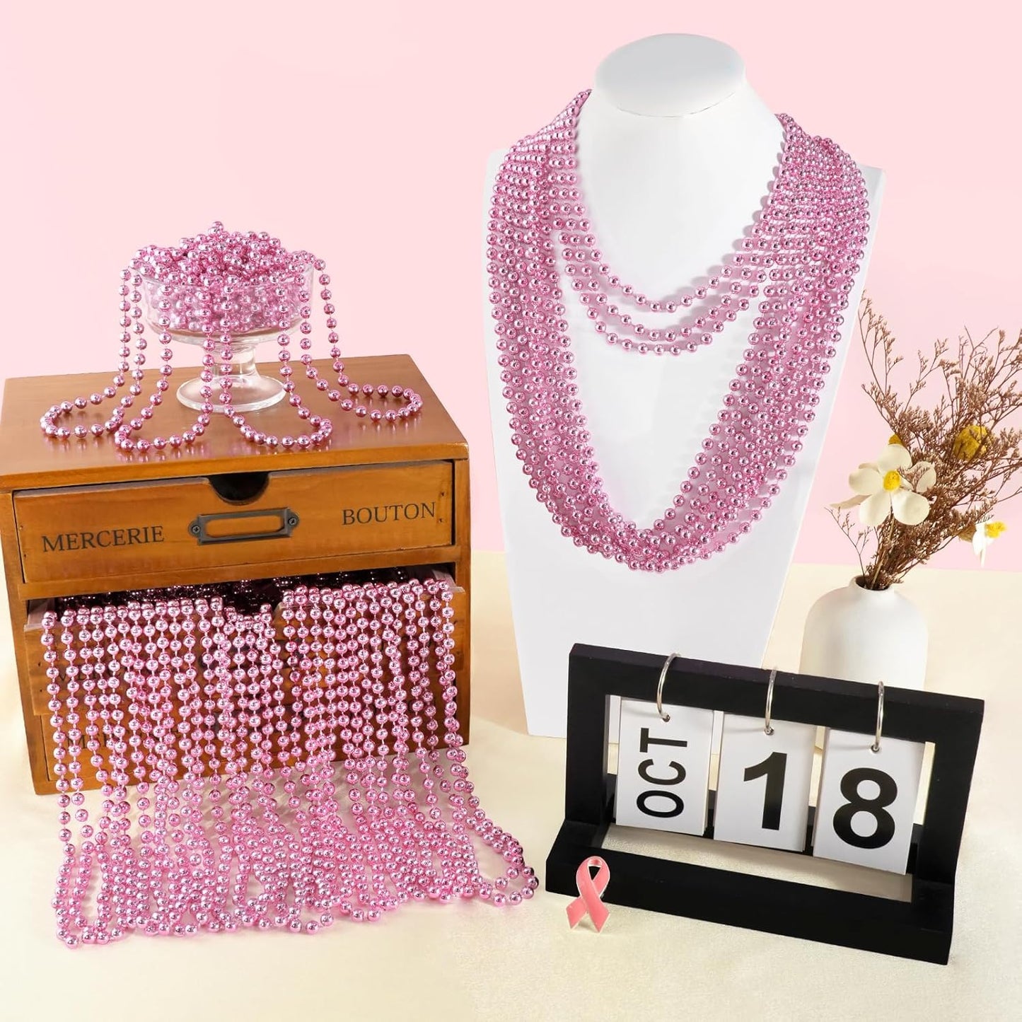 SHAOQINLIN 50 PCS Pink Bead Necklace, 33" Pink Mardi Gras Beads, Breast Cancer Awareness Beaded Necklaces, Party Beads for Mardi Gras, Christmas, Valentine's Day, Wedding, Gender Reveal Party Favors