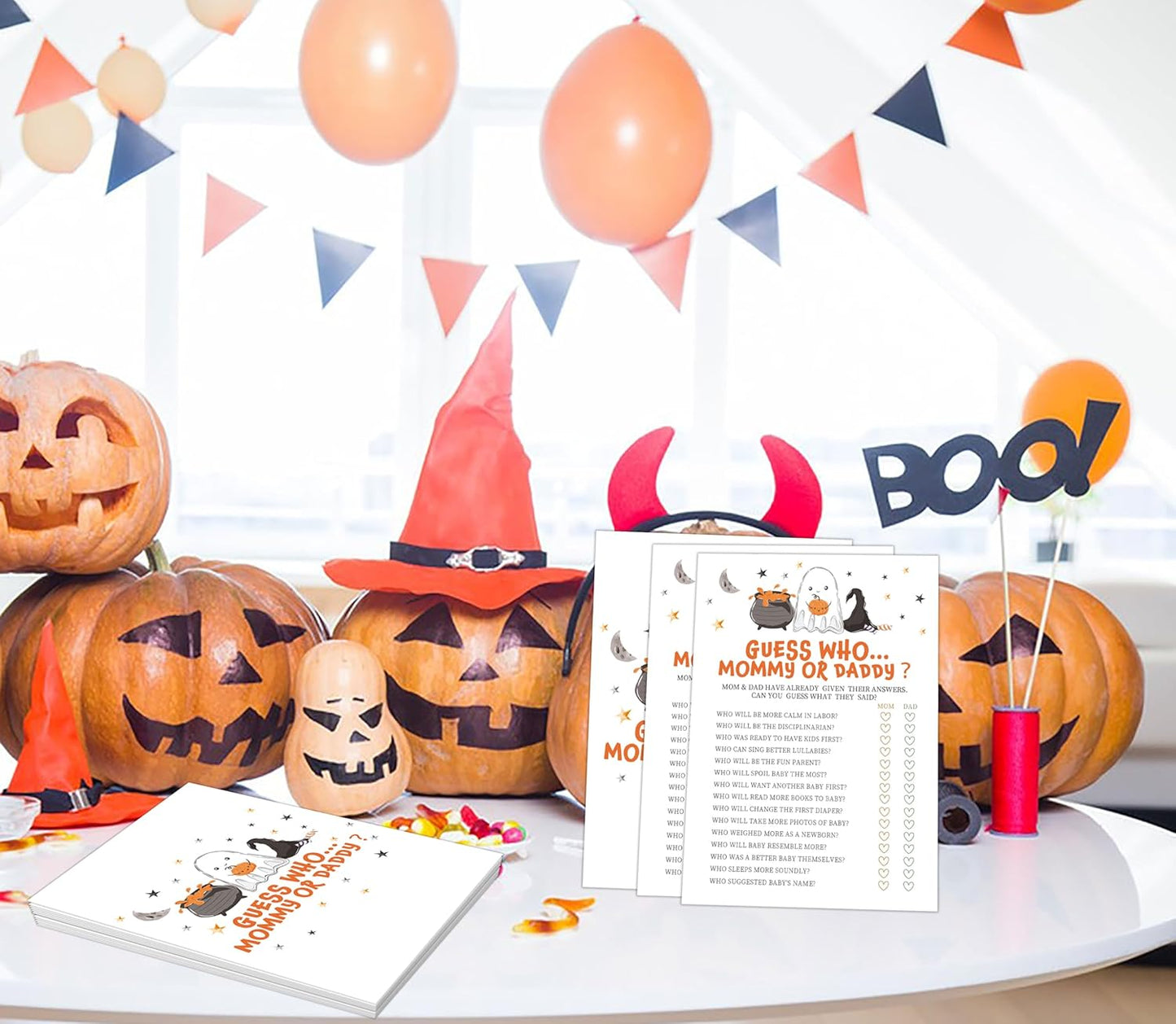 Halloween Mommy or Daddy Baby Shower Game, 30 Halloween Gender Reveal Games for Guests, 5x7 inch, Perfect for Neutral Gender Reveal Decorations Party Favors Supplies