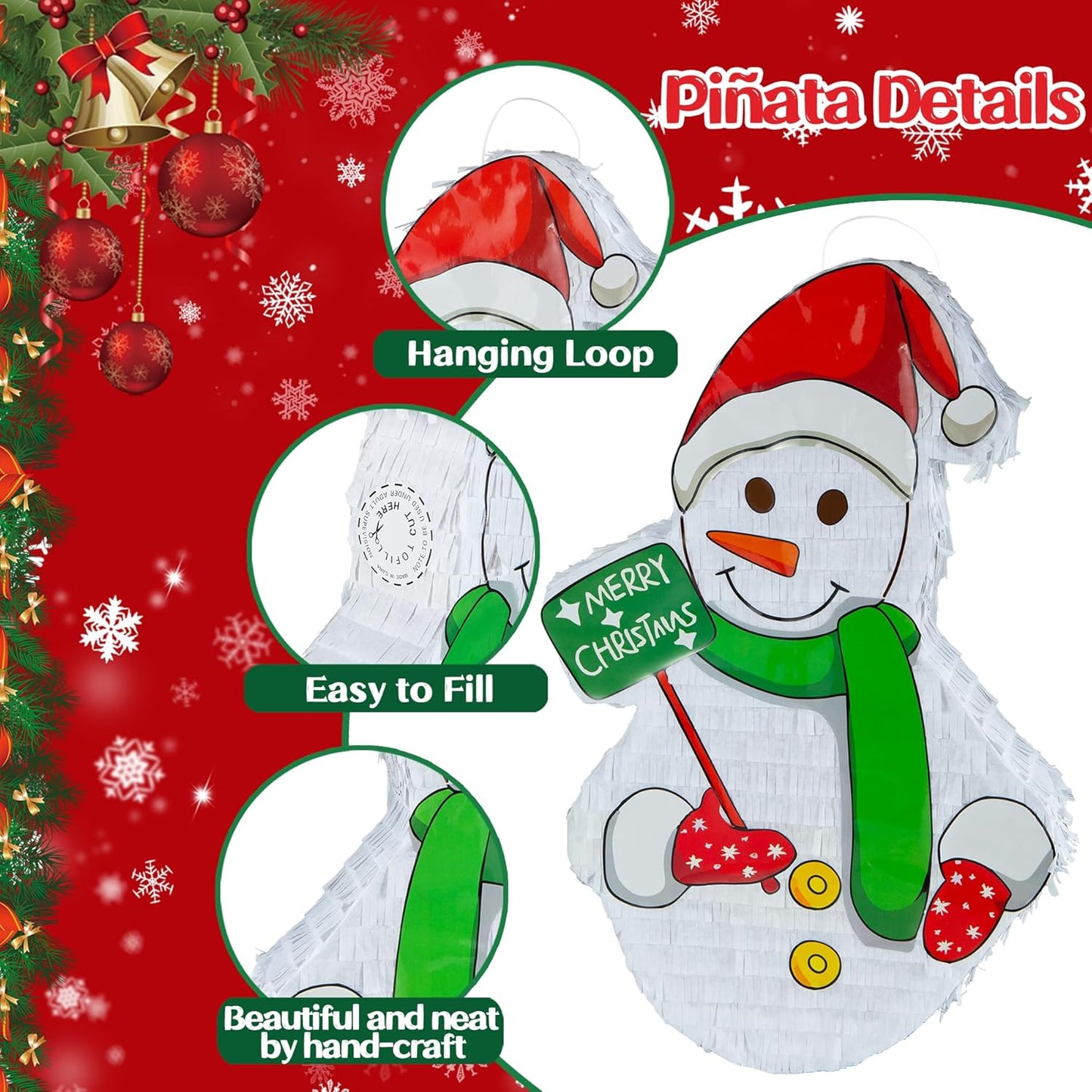 PCFING 21.6 Inch Christmas Snowman Piñata with 30 Inch Piñata Stick Blindfold Confetti for Boy Girl Adults Xmas Party Game Decorations