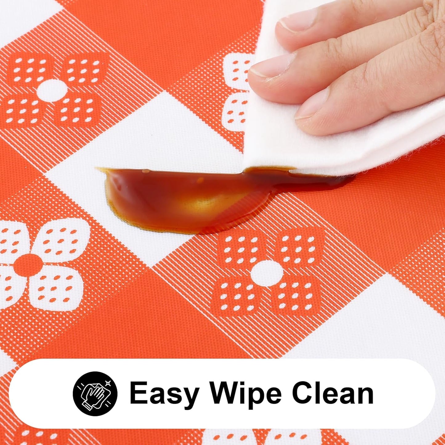 Rectangle Vinyl Table Cloth, Waterproof Elastic Fitted Tablecloth with Flannel Backing, Plastic Table Cover for Picnic, Camping, Outdoor (White & Orange, 30"x72")