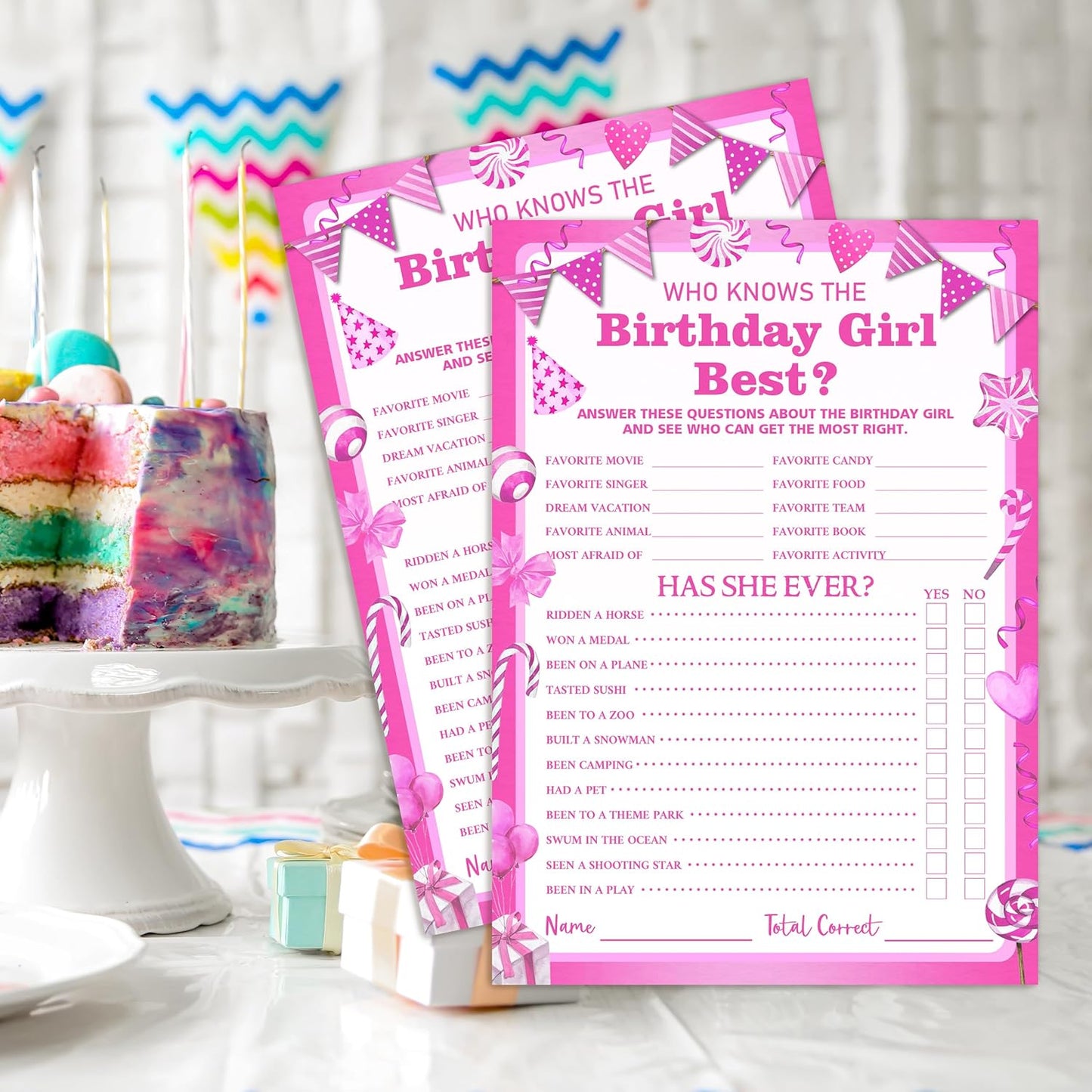Birthday Party Games Card, Who Knows The Birthday Girl Best, Girls Sleepover Party Supplies for The Girls Card Game, 5x7 Inch Set of 25 Game Cards (Pink, Double-Sided) - A03