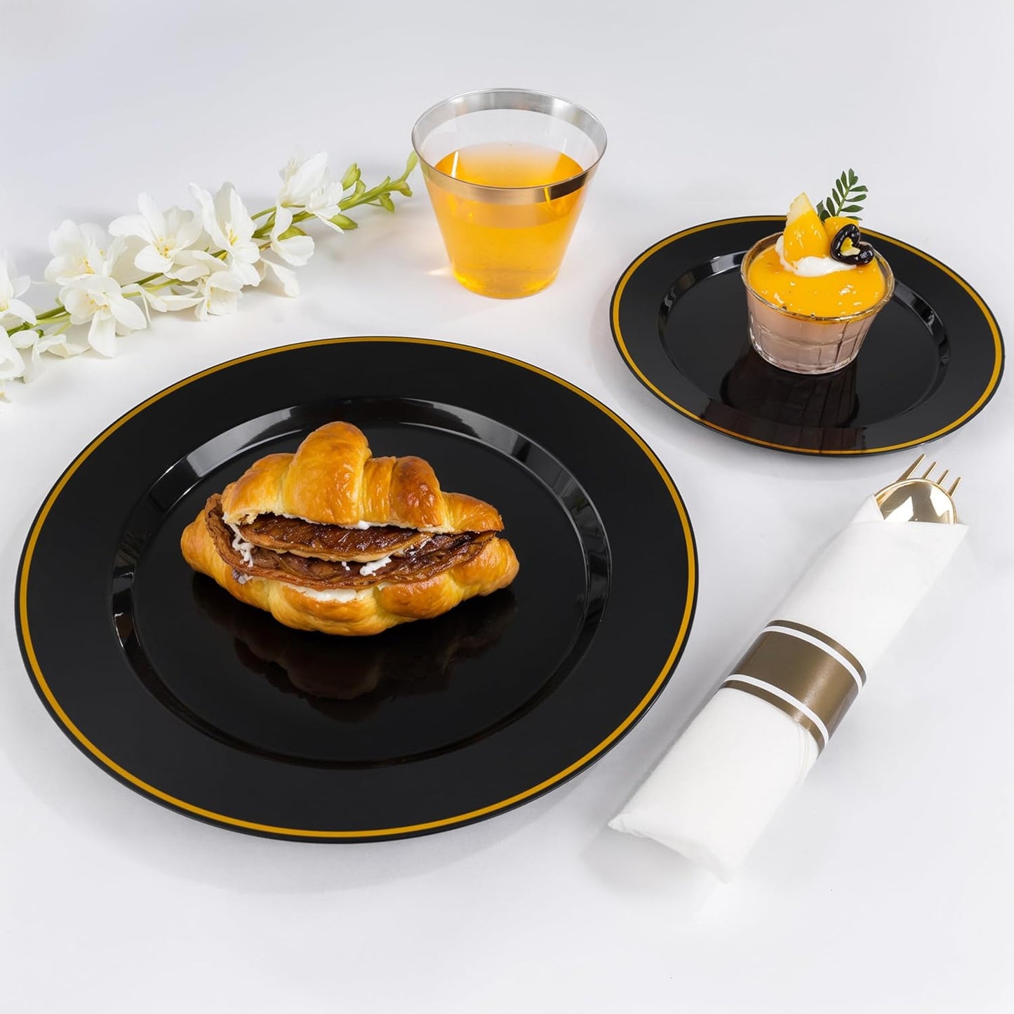 SUT 350 Pcs Black and Gold Plastic Dinnerware Set for 50 Guests, Include: 50 Dinner Plates, 50 Dessert Plates, 50 Pre Rolled Napkins With Silverware, 50 Cups, Disposable Plates for Party