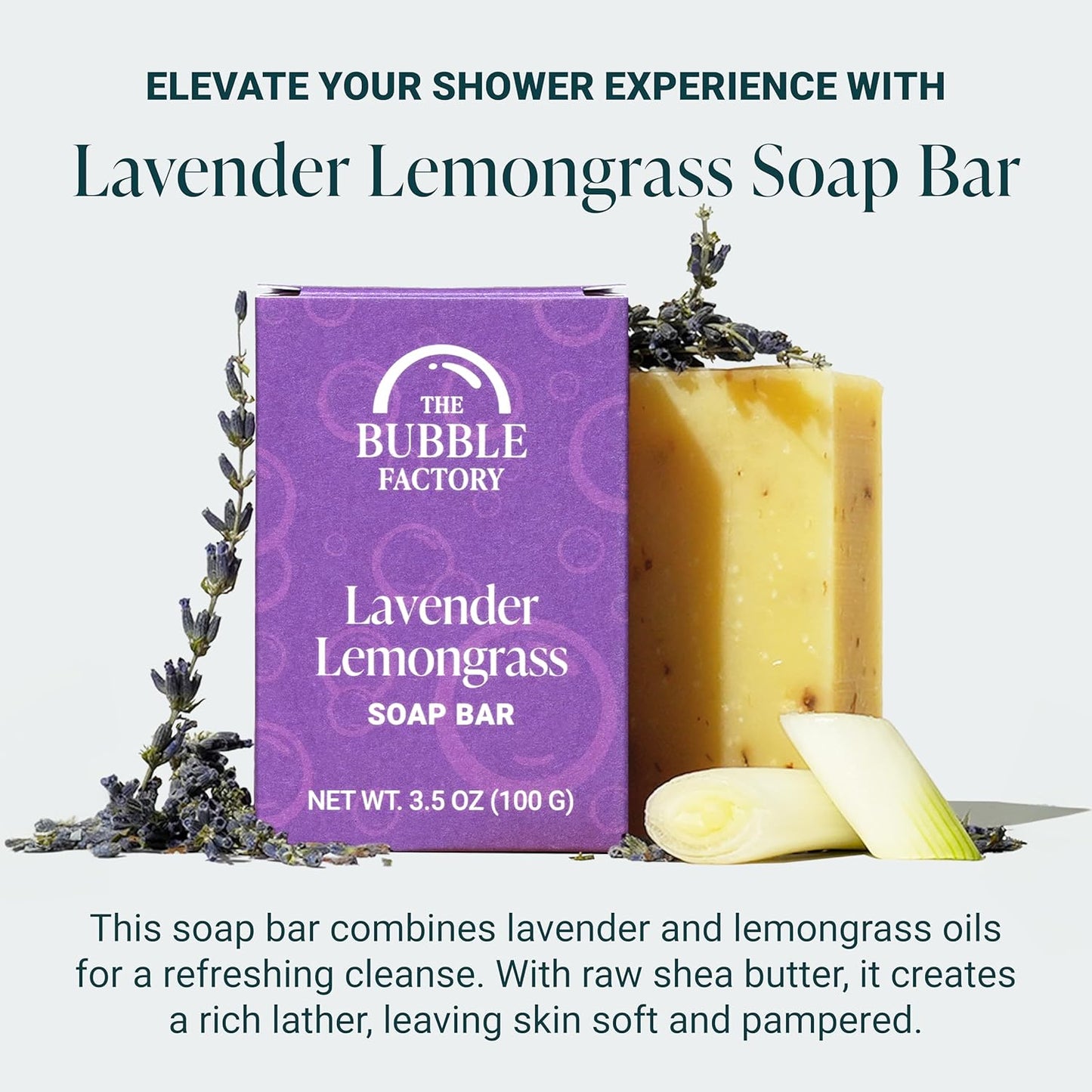 The Bubble Factory Handmade Natural Bath & Body Soap Bar, Vegan, All-Natural, Palm Oil Free, Made in USA with Shea Butter + Essential Oils, Lavender Lemongrass, 3 Bars