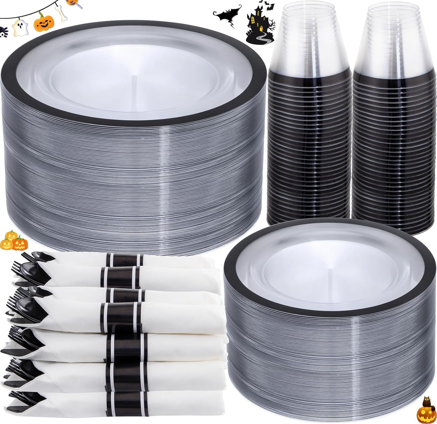 I00000 350 Pcs Clear and Black Plastic Plates,Black Dinnerware Set, Include 50 Dinner and 50 Dessert Plates,50 Plastic Cups,50 Per Rolled Napkins with Cutlery for Party,Wedding,Halloween