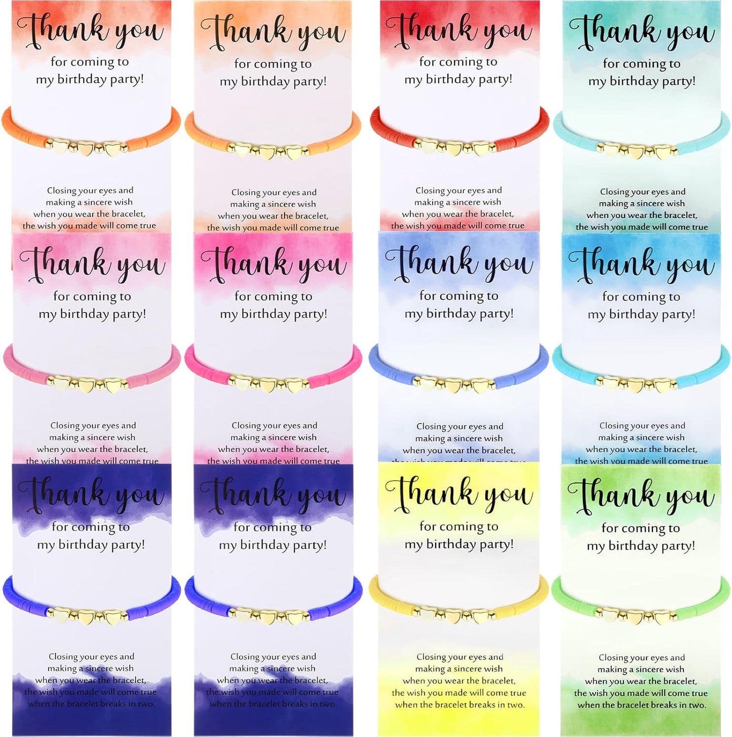 Birthday Party Favor Bracelets Beaded Rainbow Clay Heart Bracelet with Thank You Wish Gift Card for Kids Girls Birthday Party Supplies Bags Suffer with Different Themes