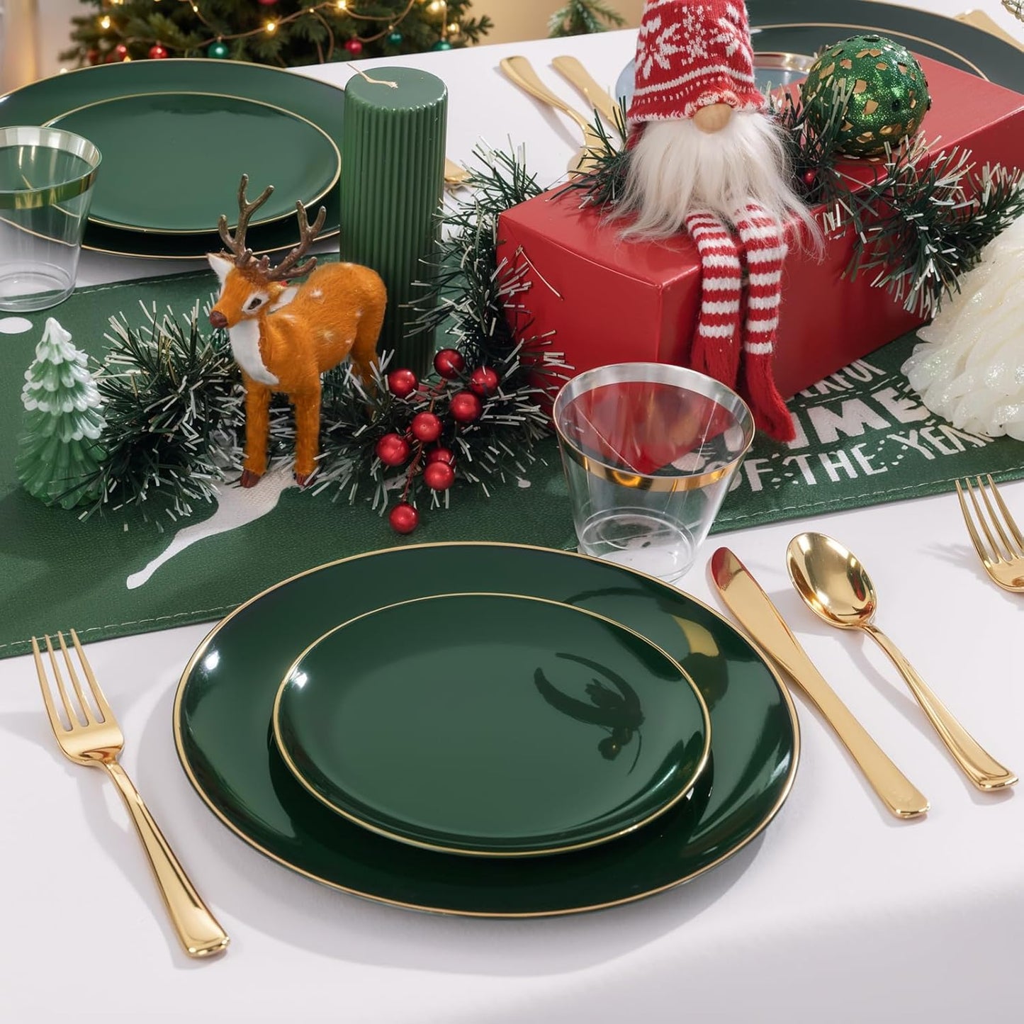 WDF 300Pcs Green Plates Disposable - Heavy Duty Green Plates - 50Guest Christmas Plastic Dinnerware Include 50 Dinner Plate, 50 Dessert Plate, 150 Cutlery & 50 9oz Cups for Christmas Parties