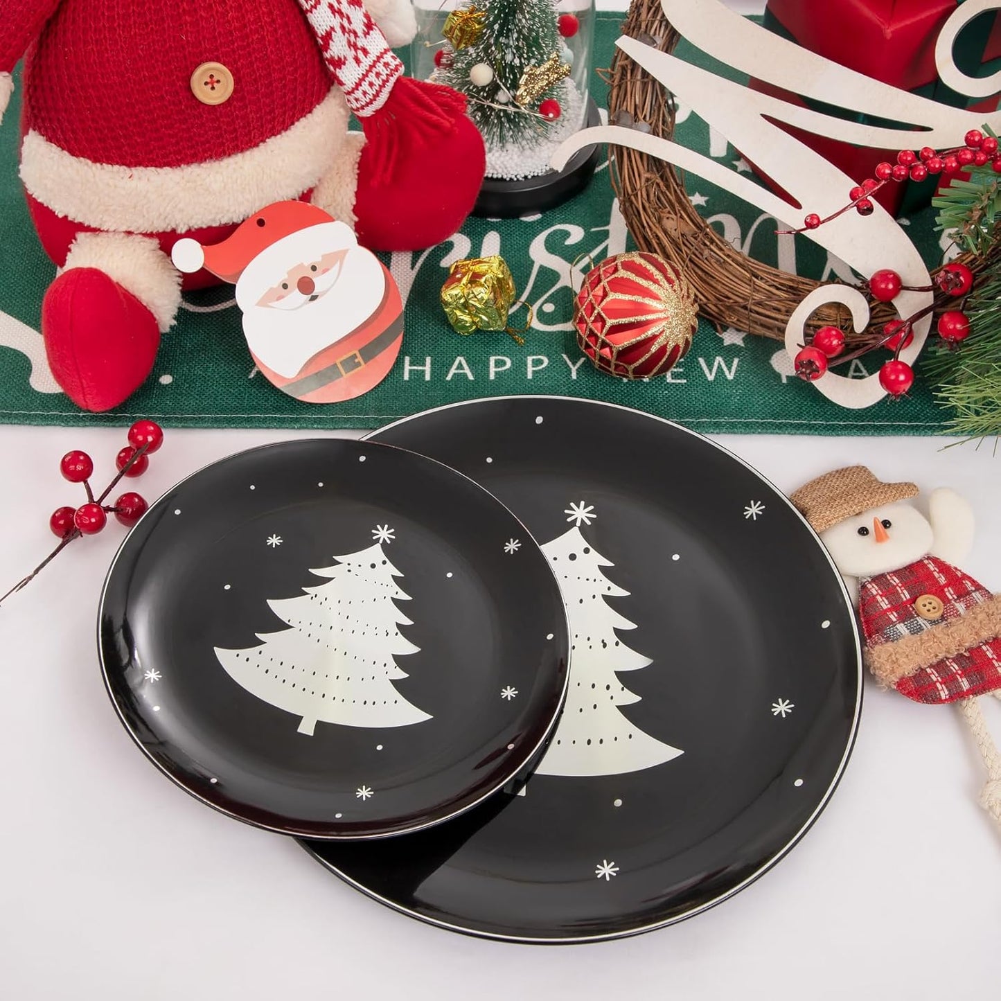 WDF 50 Pieces Christmas Plates Plastic - Black and Silver Plates with Christmas Tree include 25 Dinner Plates, 25 Salad Plates - Black Silver Party Plates for Christmas, Winter