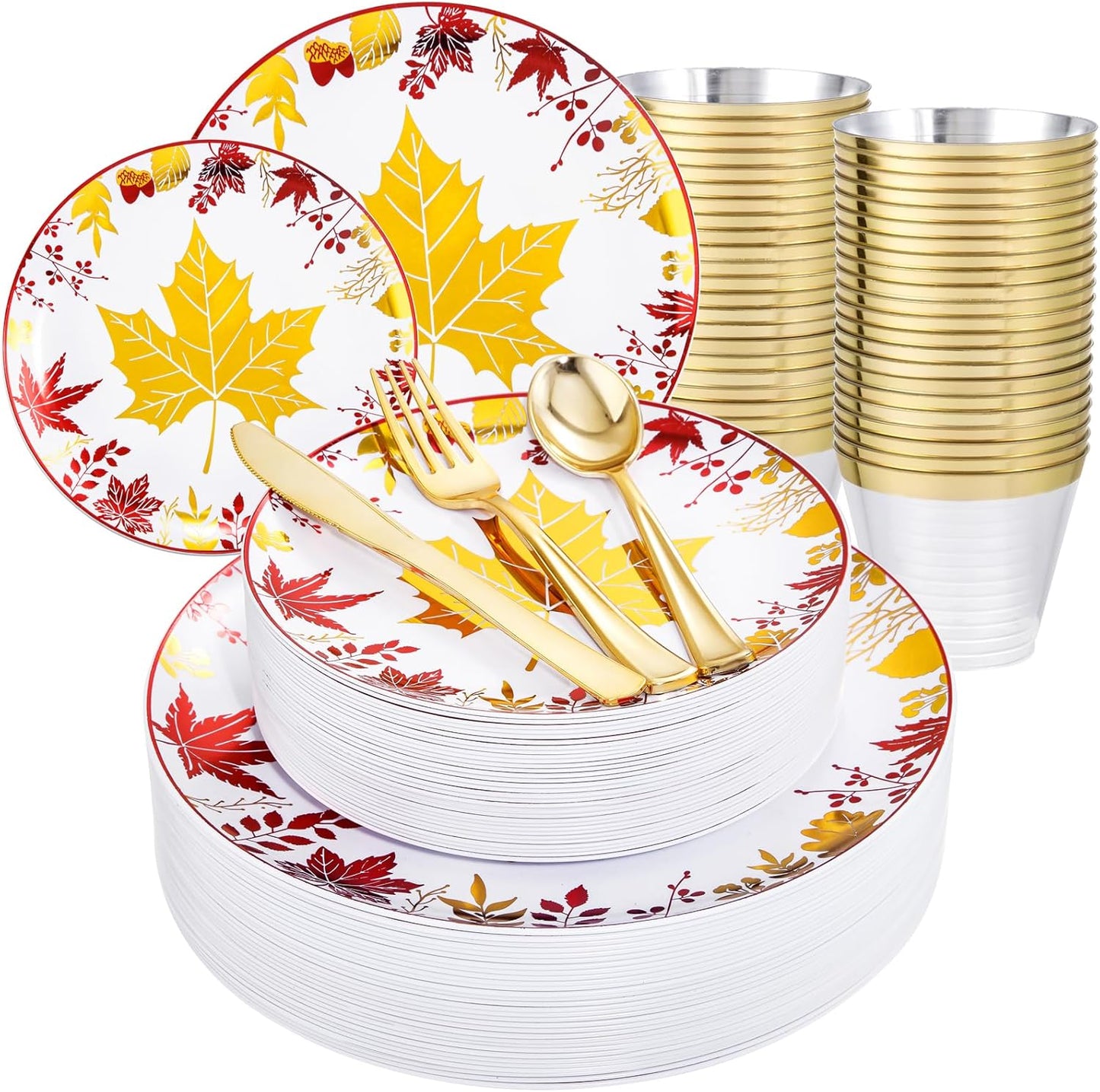 KIRE 150PCS Thanksgiving Plates Dinnerware Maple Leaves - Plastic Thanksgiving Plates with Gold Silverware Include 25Dinner 25Salad 25Forks 25Knives 25Spoons 25Gold Cups