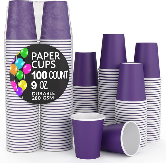Party Solids Purple Paper Cups 9 oz Durable Disposable Cups 100 Paper Tumblers for Hot Drinks and Cold Drinks Thick 280 GSM Hot Cup for Tea & Coffee Cup To Go Fun Colors for Parties & Events