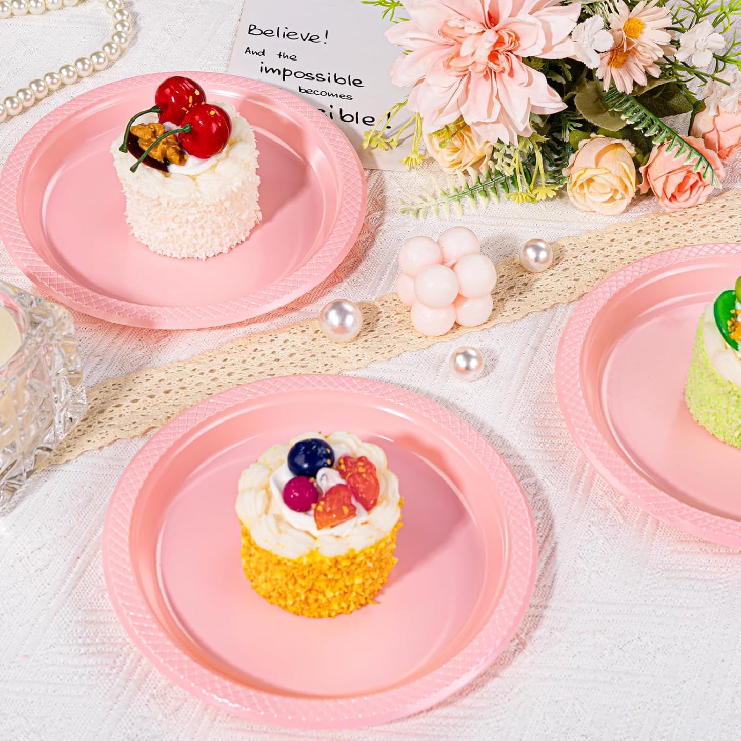 WELLIFE 7 Inch Plastic Plates Pink 50 Count Disposable Plate for Party, Dessert Small Plates for Dinner Cake Salad Supplies Birthday Valentine's Day, Mother's Day