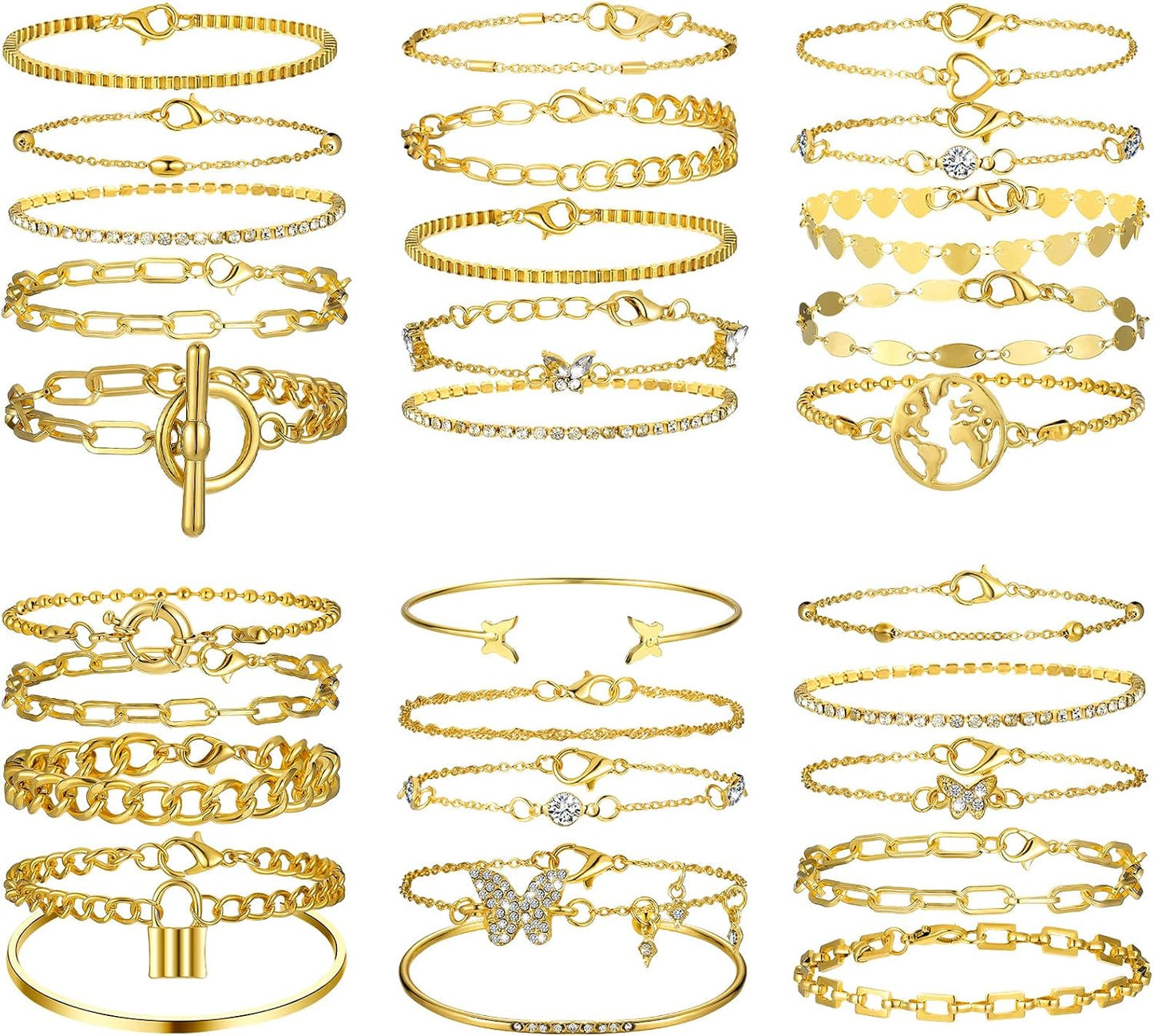 Patelai 30 Pcs Gold Chain Bracelet for Women Paperclip Link Chain Adjustable Stackable Layered Bracelet Set for Women Brithday Fashion Jewelry Gifts (6 Pack)