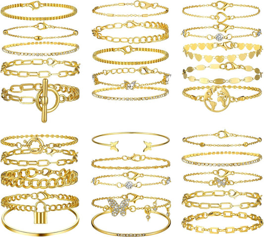 Patelai 30 Pcs Gold Chain Bracelet for Women Paperclip Link Chain Adjustable Stackable Layered Bracelet Set for Women Brithday Fashion Jewelry Gifts (6 Pack)