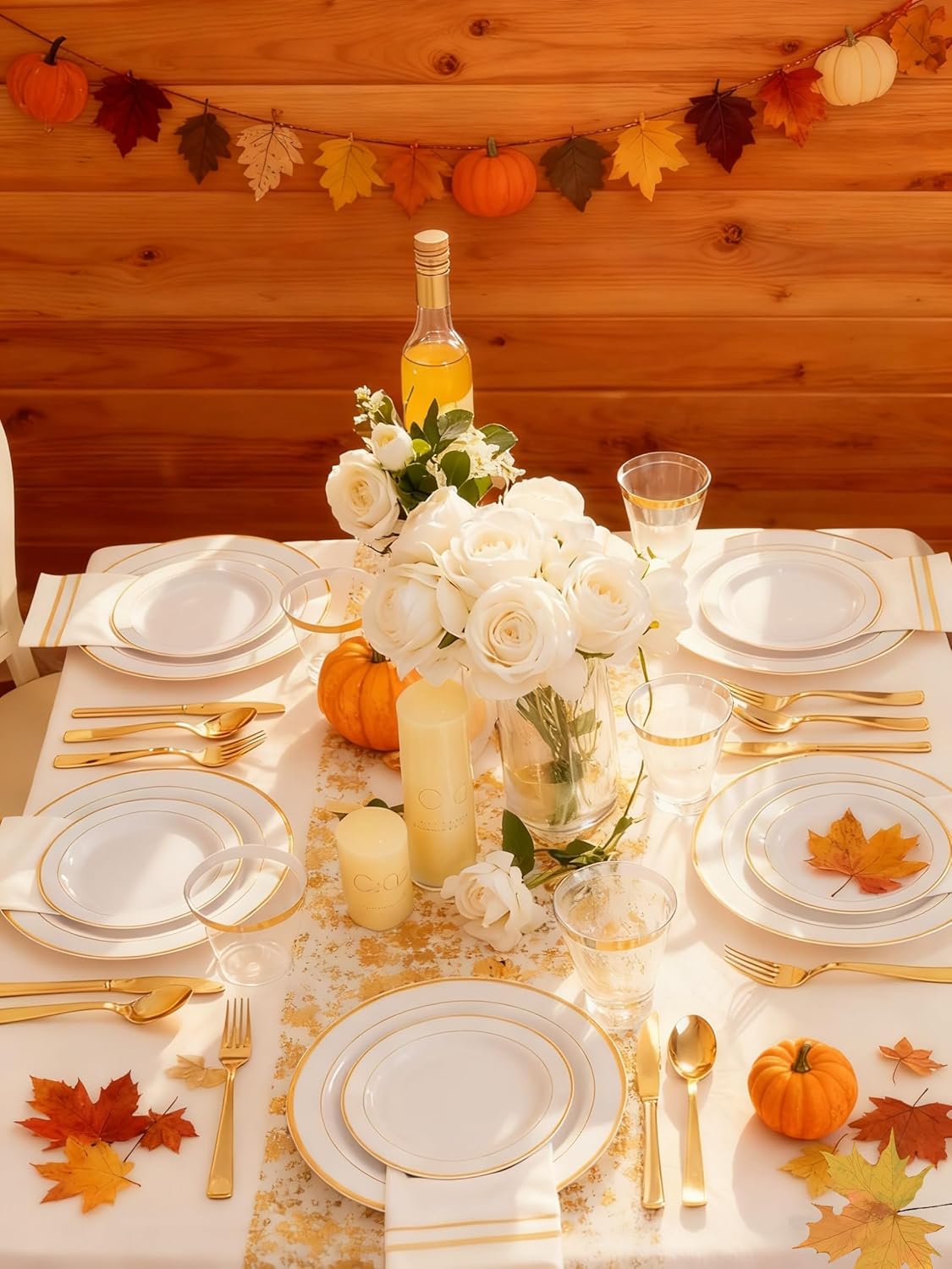 GATHER 700PCS Gold Plastic Plates - Whtie and Gold Disposable Dinnerware Sets 100Guest - 200 Disposable Plate, 300 Plastic Silverware, 100 Cups, 100 Napkins for Wedding & Party & Thanksgiving