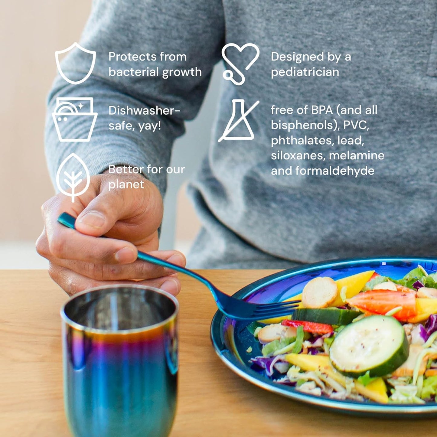 Ahimsa Stainless Steel Kids Plates - 9" Round Blue Toddler Plates, Non Toxic Plate, BPA Free & Dishwasher Safe (Single)