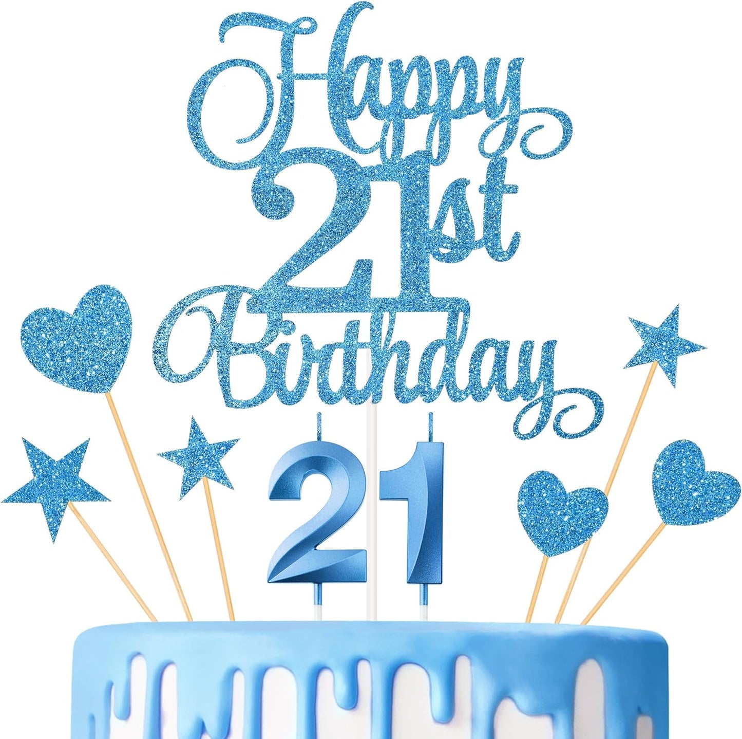 21st Birthday Cake Toppers, 21st Birthday Candles Numeral Candles and Glitter Cake Decorations Toppers Set for Party Supplies (Blue)