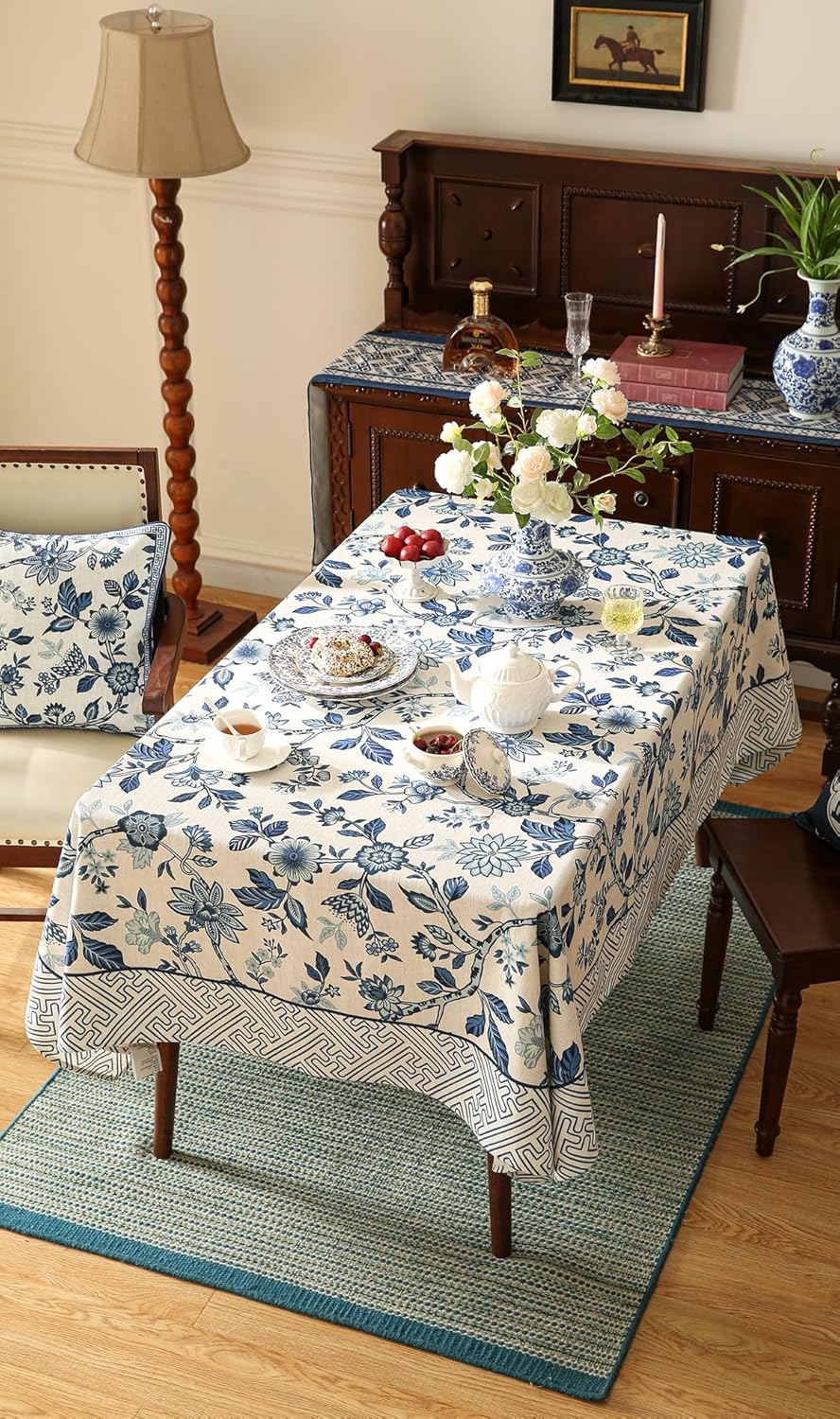 Vintage Blue and White Small Square Tablecloth,French Linen Floral Wrinkle Free Tablecloths,Decorative Table Cover for Kitchen,Dining,Tea Party,Thanksgiving,Christmas,55"*55"-Suqing