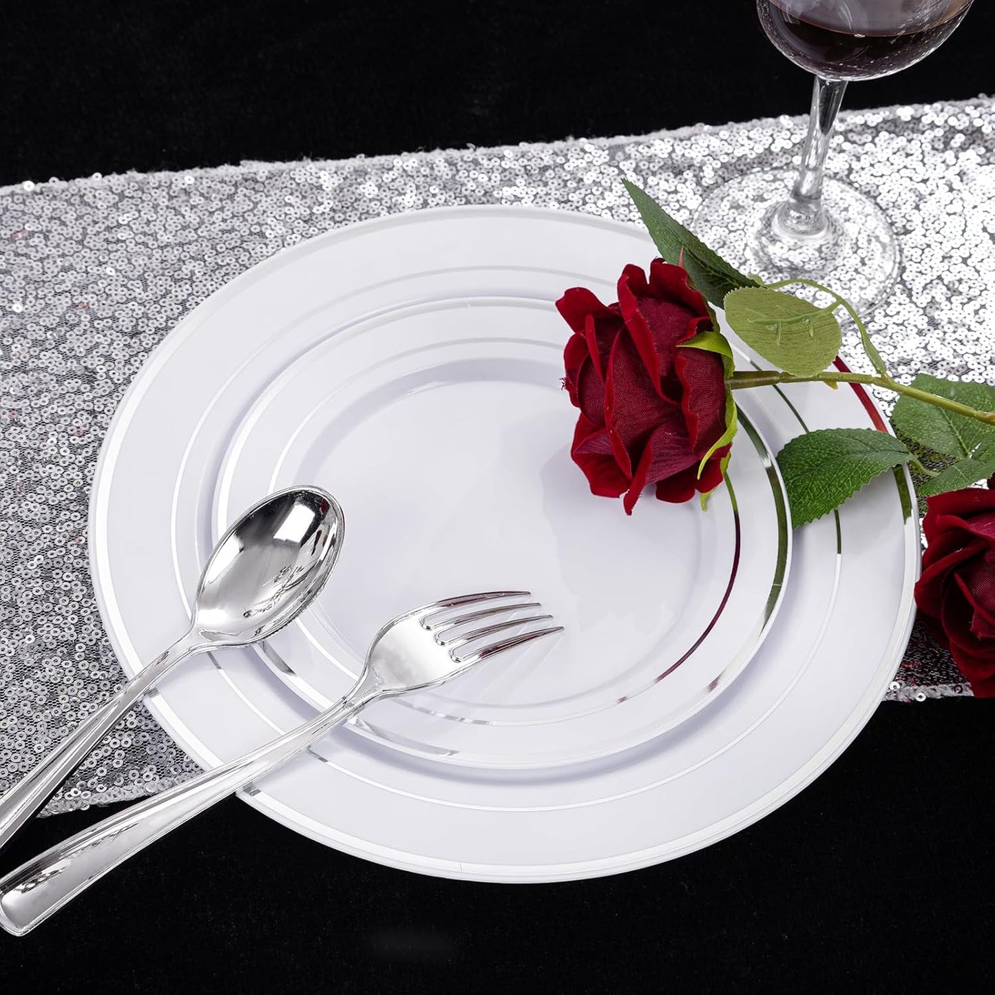 I00000 200 Pcs Silver Plastic Plates - Silver Disposable Party Plates Include 100 Dinner Plate and 100 Elegant Dessert Plate Perfect for Party, Holiday, Wedding & Birthday