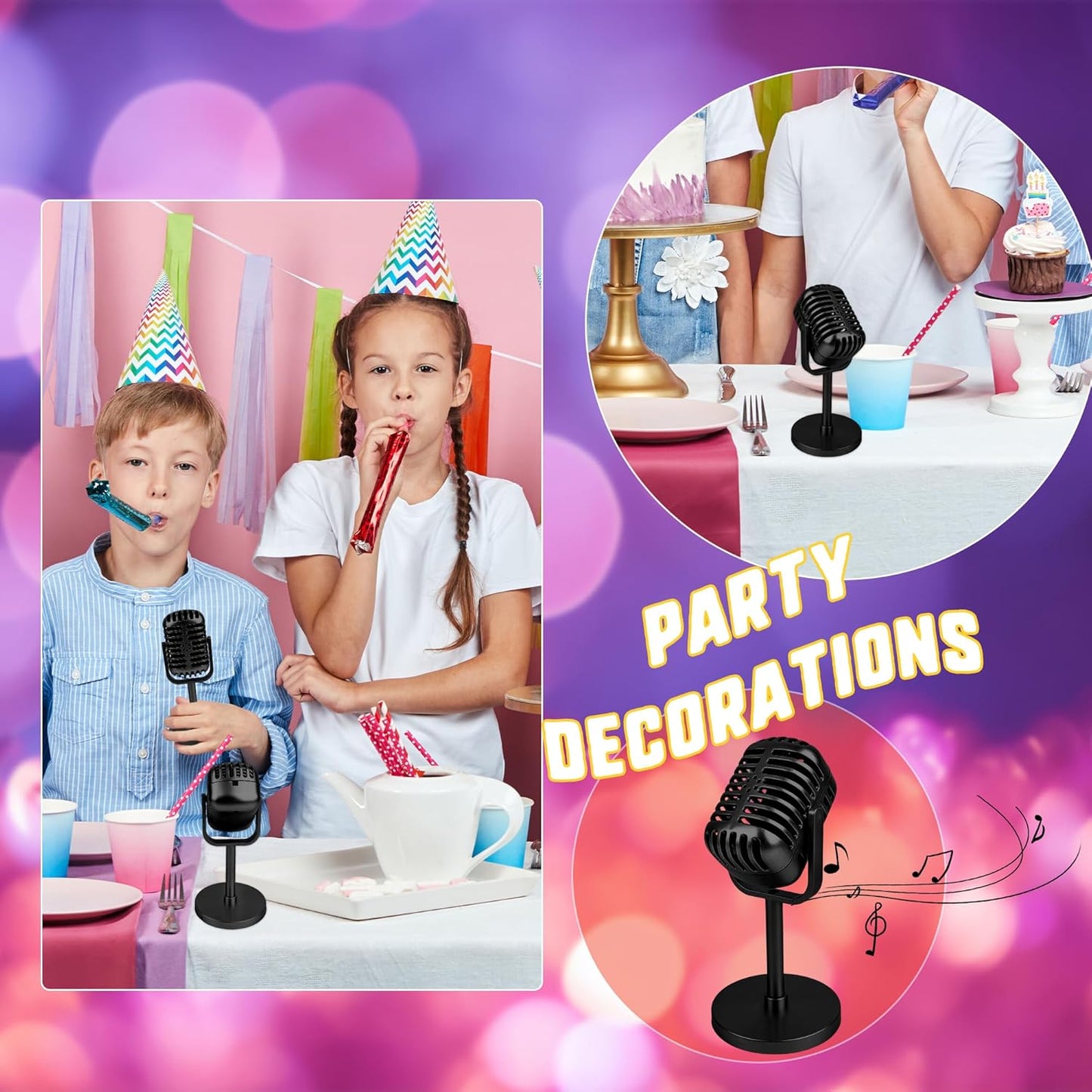 3 Pack Retro Microphone Props Model with Stand Plastic Fake Antique Microphone Stage Table Decor for Classic Party Decoration Costume Prop Pretend Play (Black)
