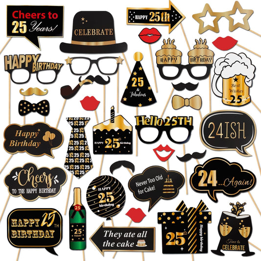 LINGTEER Happy 25th Birthday Party Photo Booth Props,Cheers to 25th Birthday 25th Years Old Bday Party Centerpieces Props Decorations Sign.