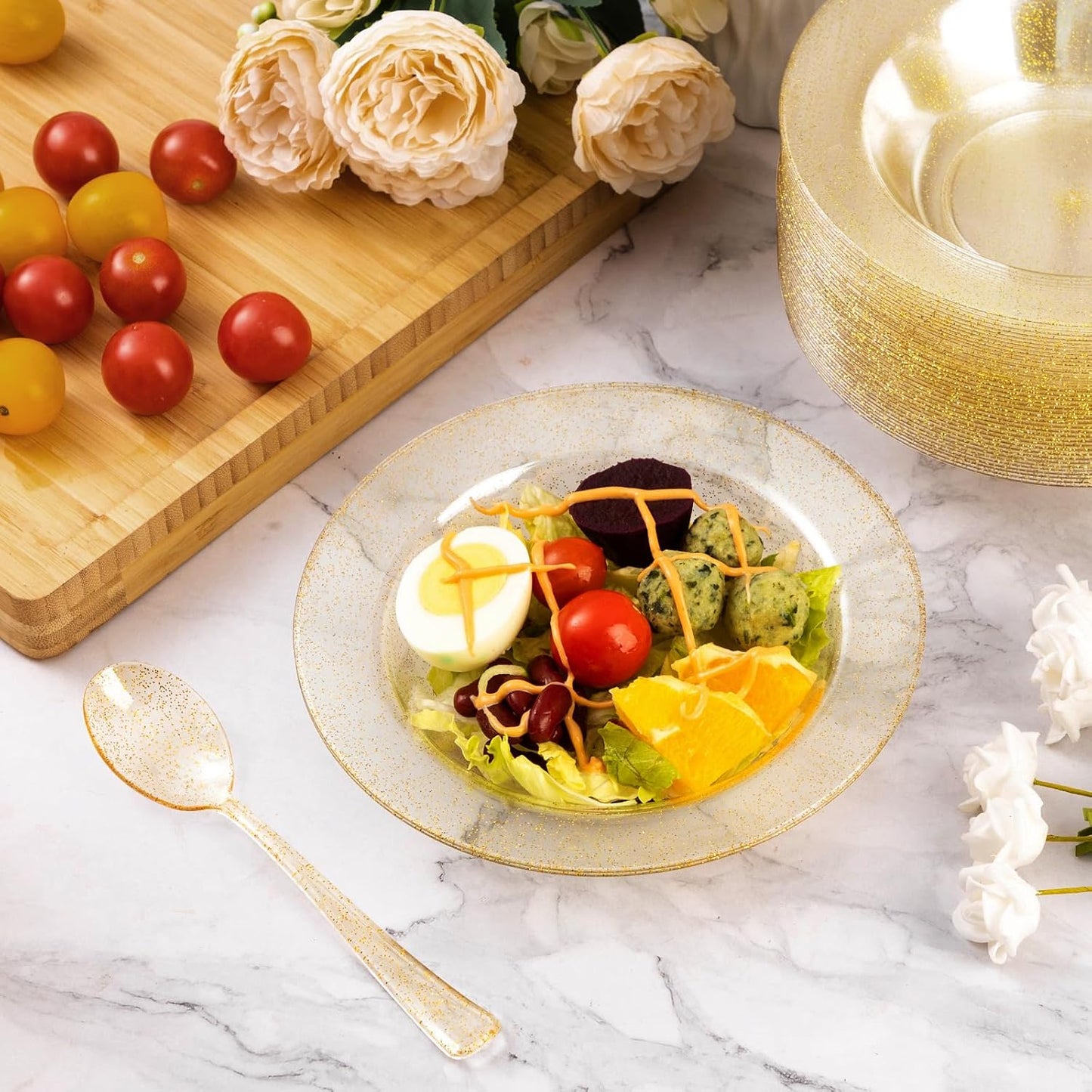 Goodluck 50 Pack Gold Glitter Plastic Bowls, 12oz Disposable Soup Bowls, Heavy Duty Dessert Bowls for Weddings, Parties, Dinners, Catering, Christmas and Everyday Use