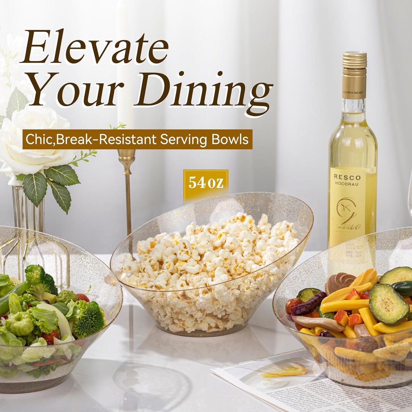 Liacere 16PCS Gold Plastic Serving Bowls - 54 OZ Angled Table Salad and Fruit Bowls Disposable for Chip&Candy - Ideal for Party &Thanksgiving