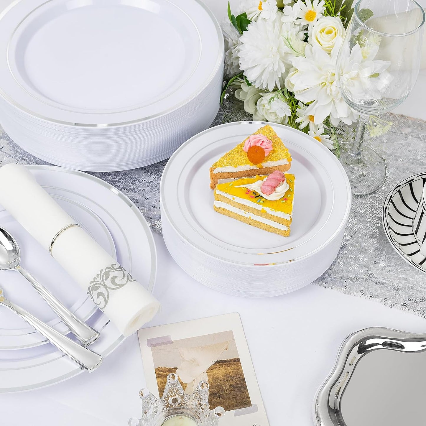 Supernal 400pcs Silver Plastic Dinnerware Set Heavy Duty Disposable Plates Include Silver Plastic Dessert Plates,50 Spoons & Knives & Cups & Napkins & 100 Forks,Prfect For Party and Wedding