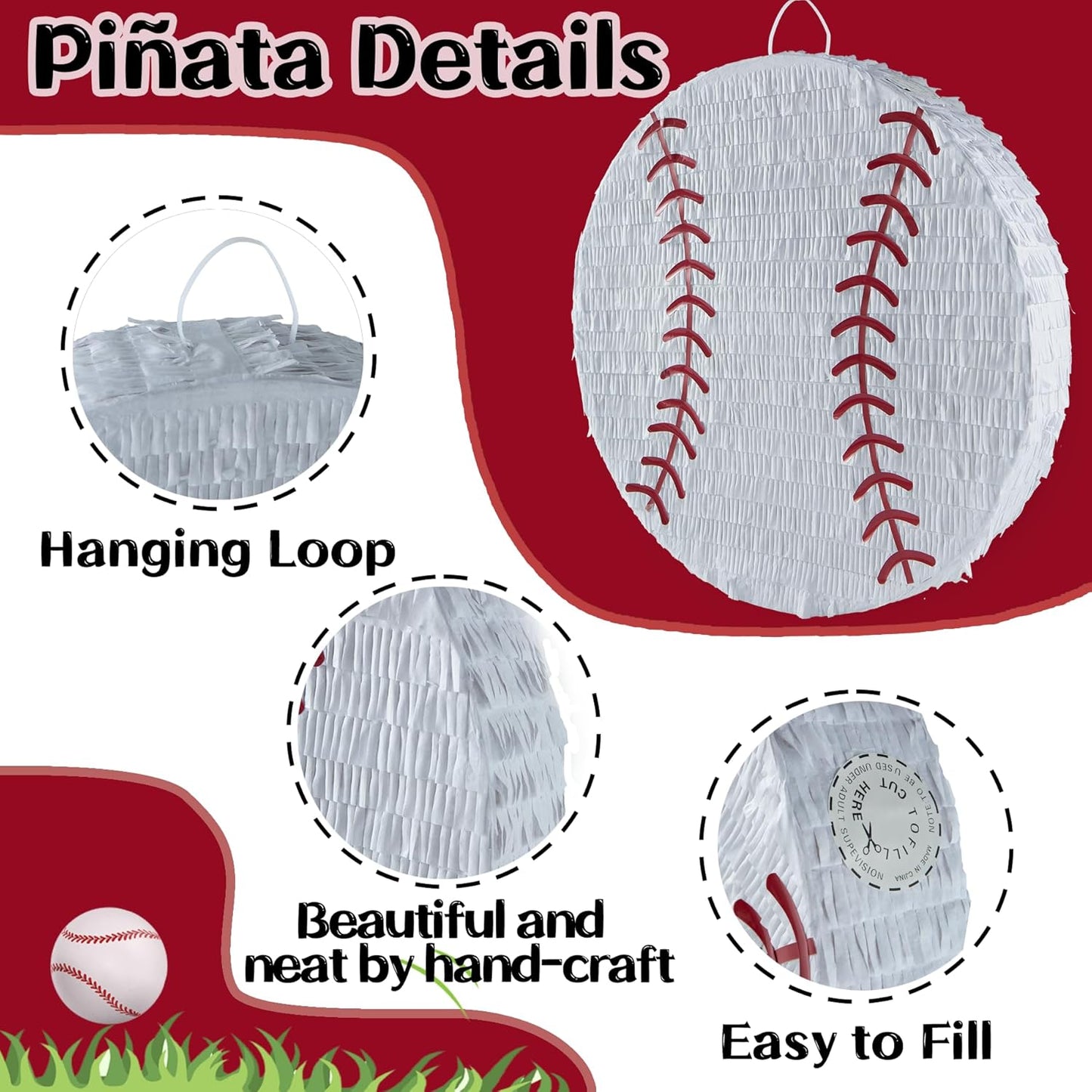 PCFING 18 Inch Baseball Piñata with 30 Inch Piñata Stick Blindfold Confetti for Boys Girls Adults Birthday Party Game Decorations, Anniversary Celebration, Fiesta