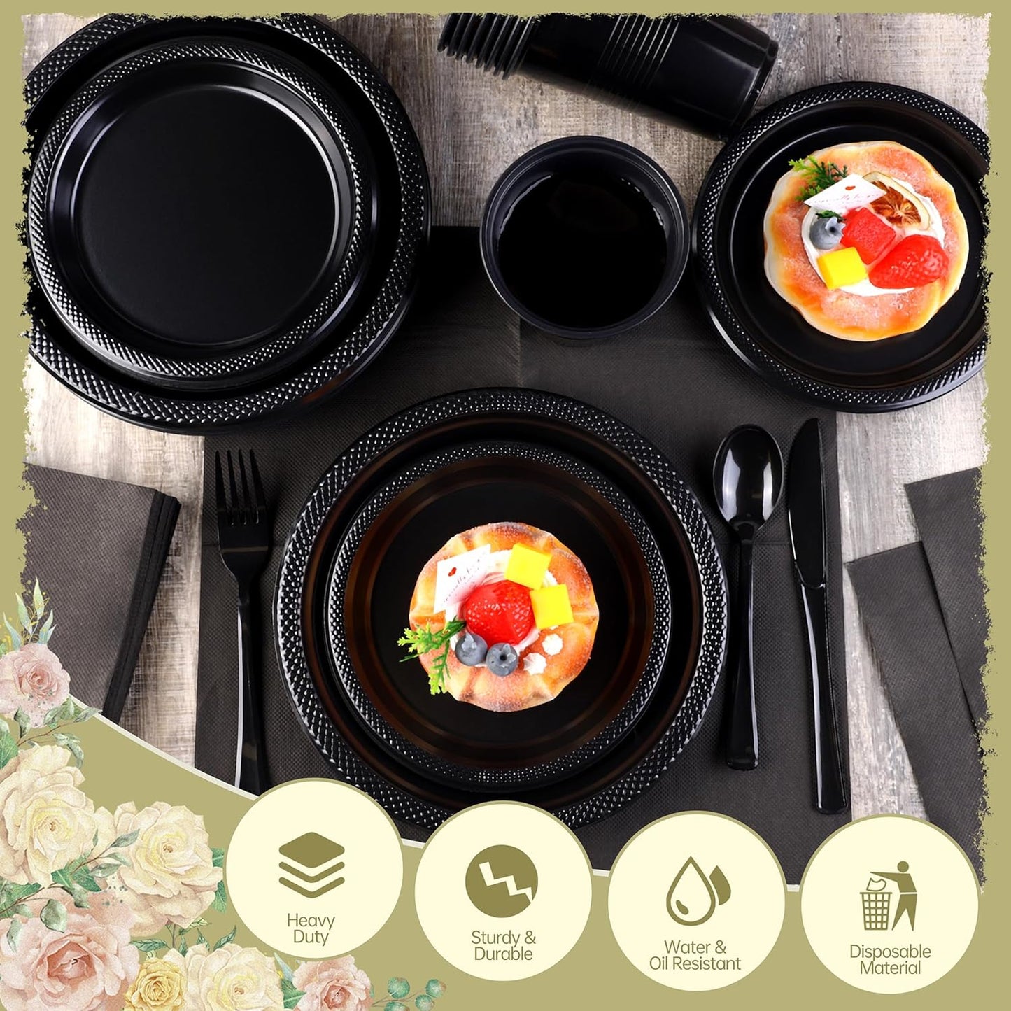 240 Pieces Black Plastic Dinnerware Set for 30 Guests Disposable Party Plates Napkins Cups and Silverware Dessert Dinner Plates for Birthday Wedding Halloween Party Supplies