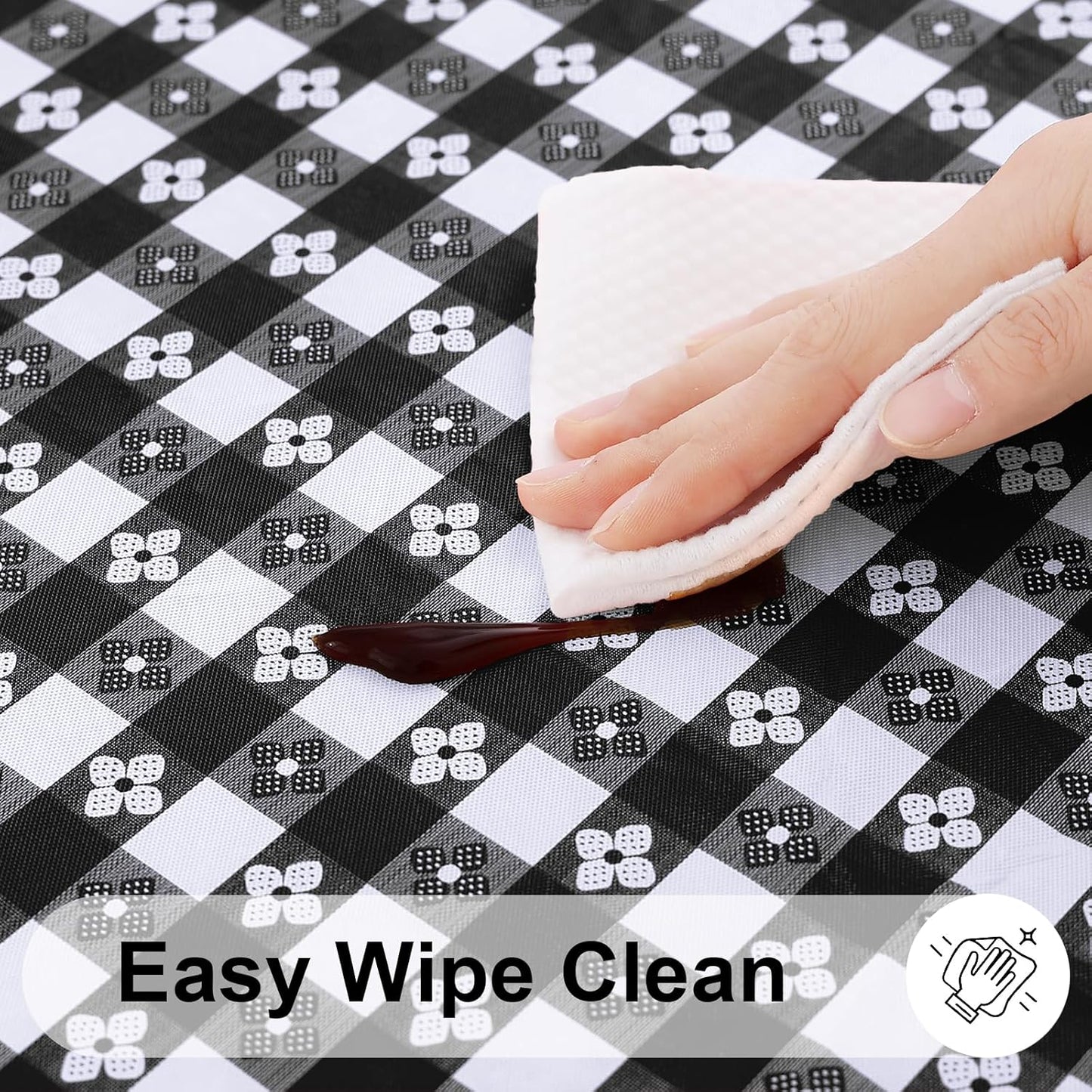 Round Vinyl Table Cloth, Waterproof Elastic Fitted Tablecloth with Flannel Backing, Plastic Table Cover for Picnic, Camping, Outdoor (Black & White, 36" - 44")