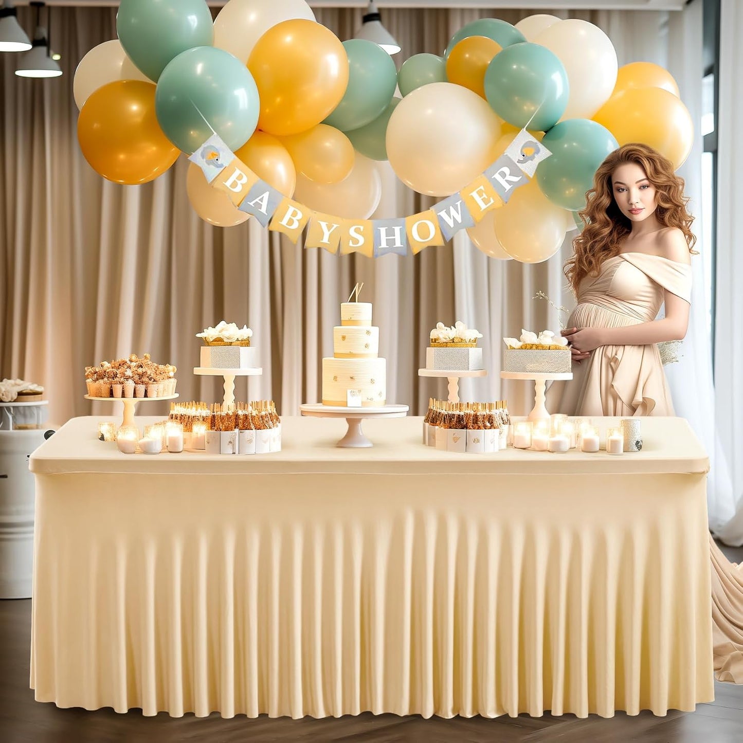 PARTISKY Champagne Spandex Tablecloth for 4ft Rectangle Tables, Stretchable Table Cover Skirt for Folding Tables Weddings Parties Banquets Events Trade Shows and Dessert Table