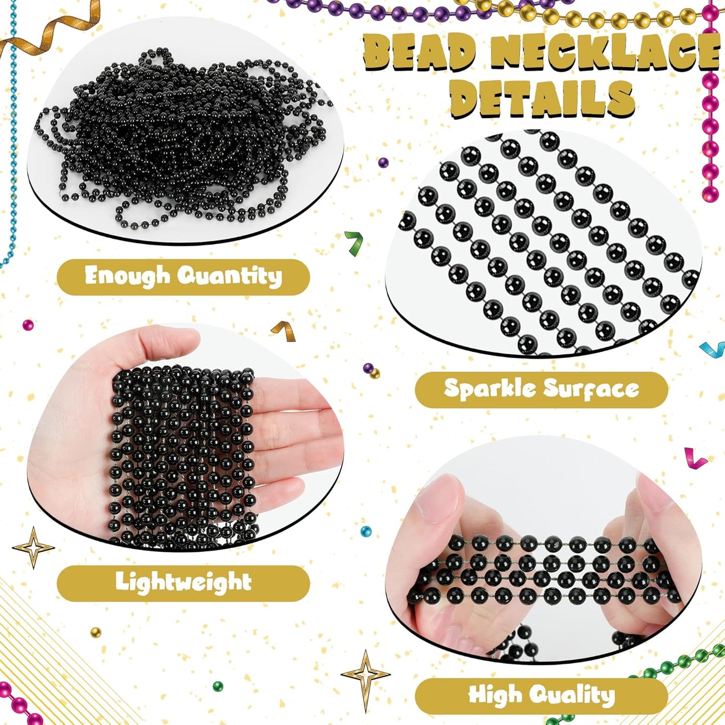 12 PCS Black Beads Necklaces, 33" Mardi Gras Beads Bulk, Round Metallic Black Mardi Gras Stuff Set, Festival Parade Throw Accessories for Parade Party Favors Carnival Decorations