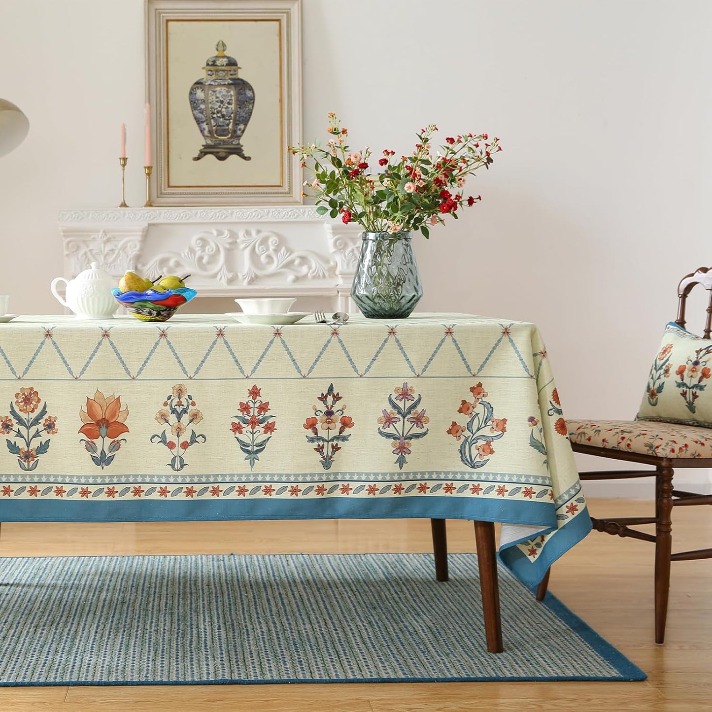 ISAENNE Designer Linen Floral Long Rectangle Tablecloth,Light Green Farmhouse Durable Table Cloth,Washable Decor Tablecloths for Dining Kitchen Thanksgiving Christmas,63"*94"-Floralsea B