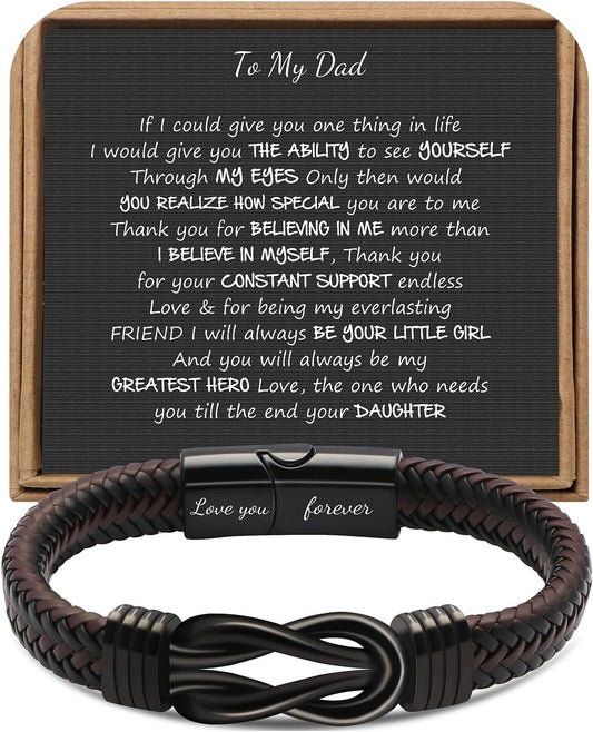 𝗞𝗻𝗼𝘁 𝗕𝗿𝗮𝗰𝗲𝗹𝗲𝘁 𝗚𝗶𝗳𝘁𝘀 𝗳𝗼𝗿 𝗠𝗲𝗻 Brown Braided Leather Stainless Steel Infinity Bracelets Lettering Love You Forever Gifts for Son Grandson Husband Boyfriend Brother Always Linked Together