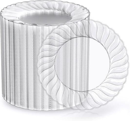 FOCUSLINE 100 Count 6 Inch Clear Plastic Plates, Disposable Heavy Duty Salad Dessert Plates- Premium Hard Plastic Plate Fancy Disposable Clear Plate for Weddings, Parties and Events