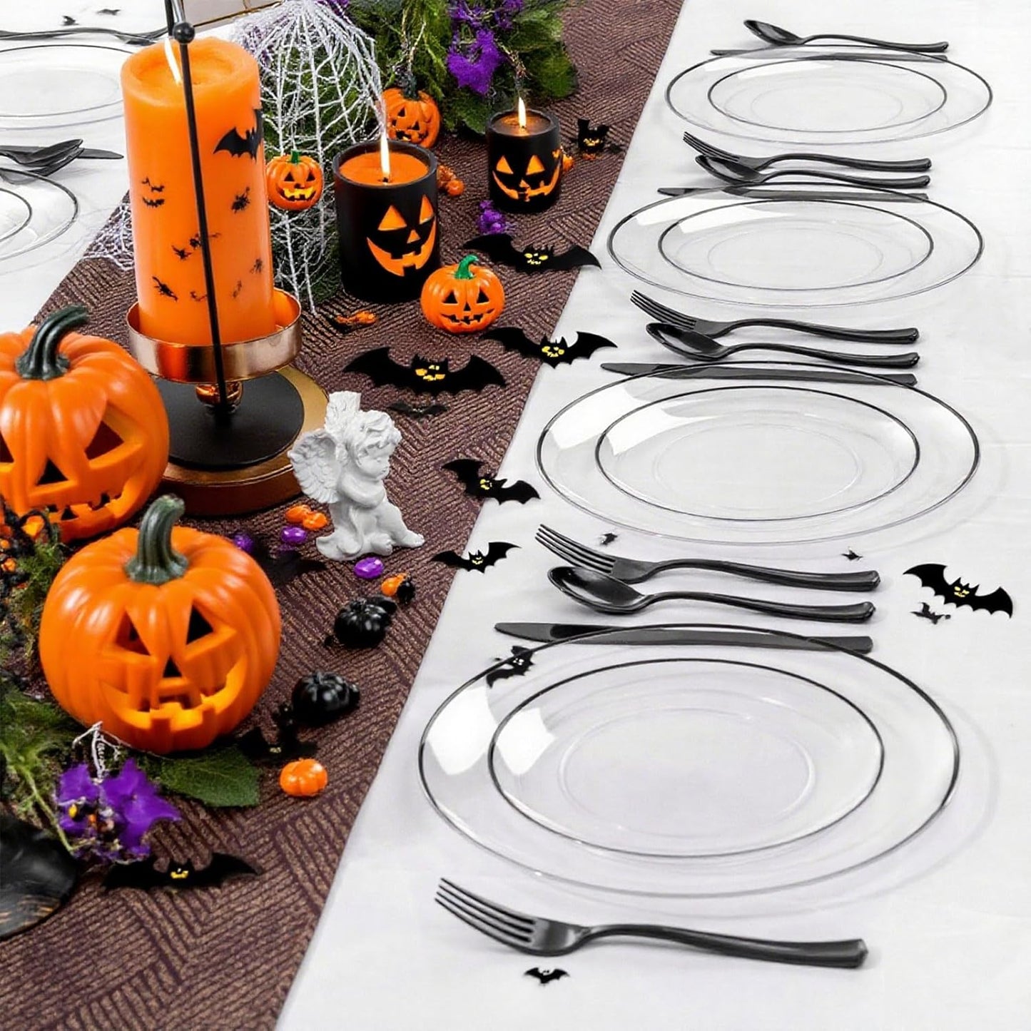 LIYH 60 Pcs Black Plates Disposable for Party Halloween Plates - Clear and Black Disposable Plate Includes 30 Dinner 10.25" & 30 Appetizer/Dessert Plate 7.5" for Wedding Halloween Day
