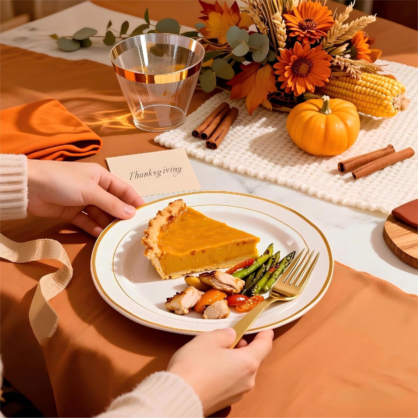 WELLIFE 350Pcs Gold Plastic Plates for 50 Guests - Plastic Dinnerware Set, Includes 100 Party Plates,150 Gold Silverware Disposable,50 Napkins,50 Cups,Disposable Plates for Party and Thanksgiving