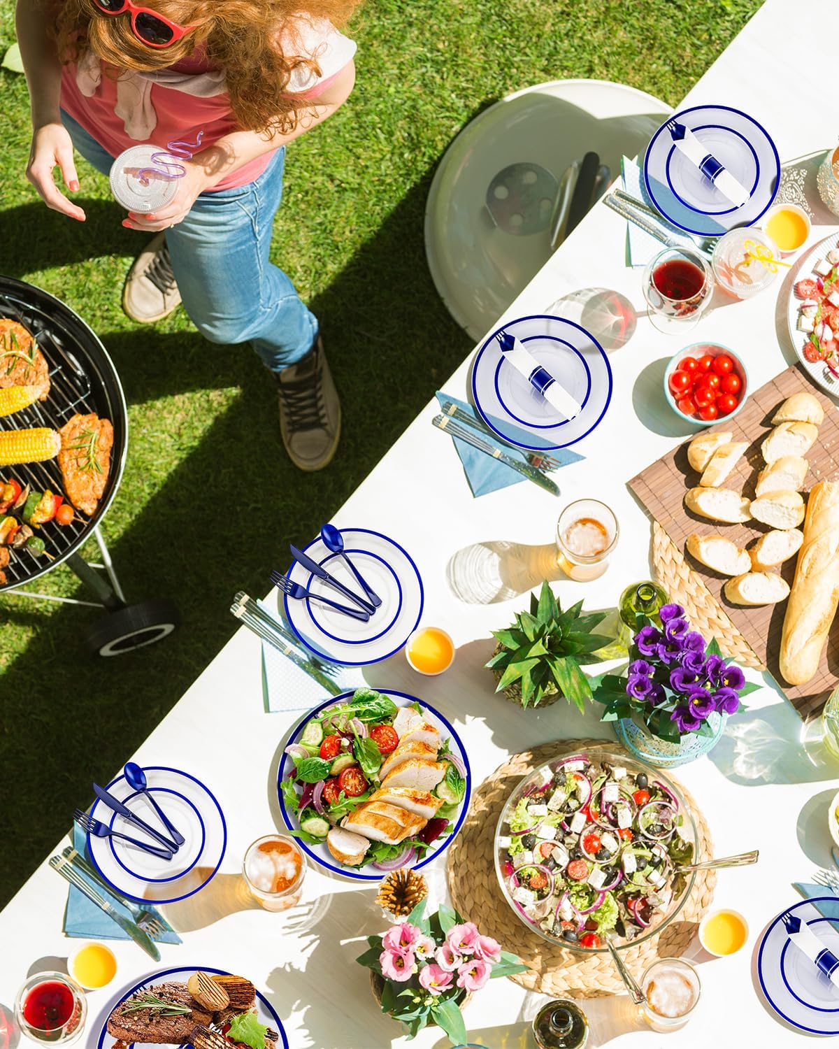 350PCS Plastic Plates for Party, Disposable Clear Blue Dinnerware Set for 50 Guests,100 Plastic Plates, 50 Cups, 50 Pre-Rolled Napkins with Cutlery for Party, Thanksgiving, Christmas, Wedding