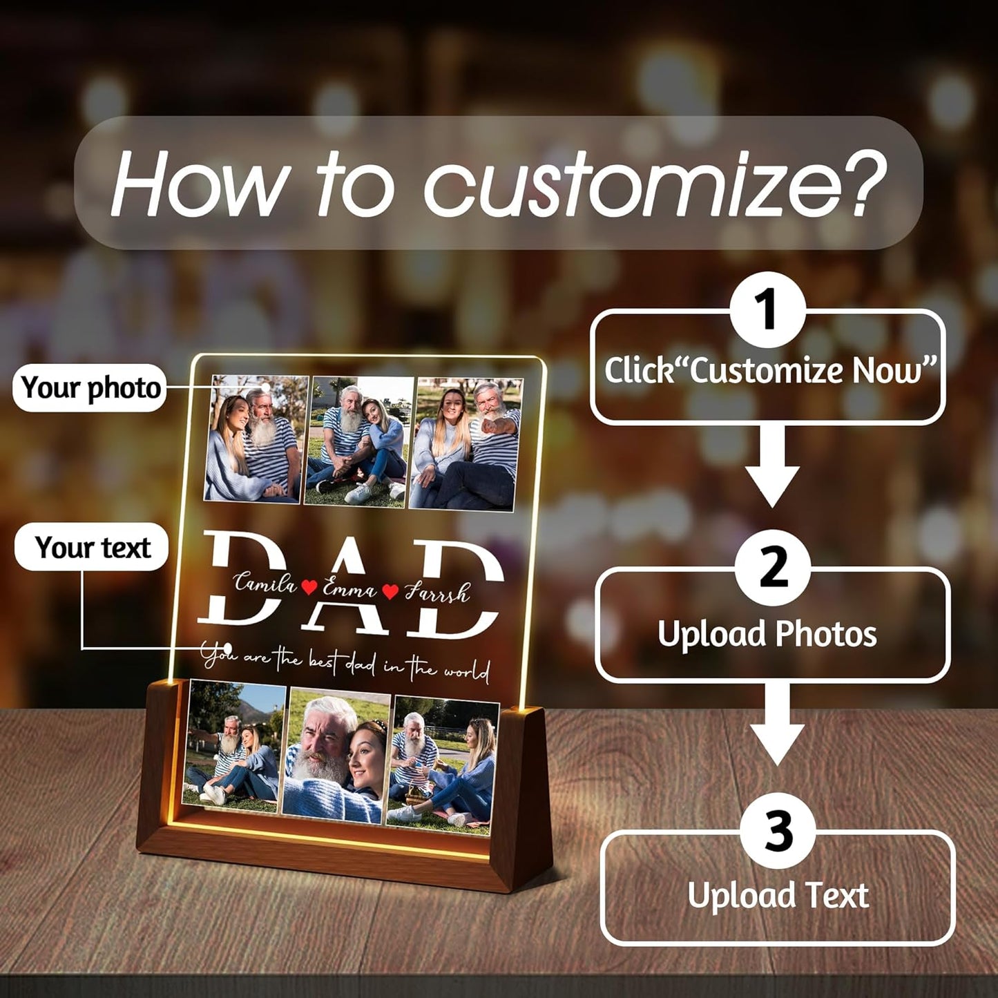 Personalized Fathers Day Birthday Gifts For Dad From Daughter Son Wife, Custom Acrylic Plaque Light Up Picture Frame With Photo Name, Customized Dad Gifts For Husband Men Papa Fathers Day Christmas
