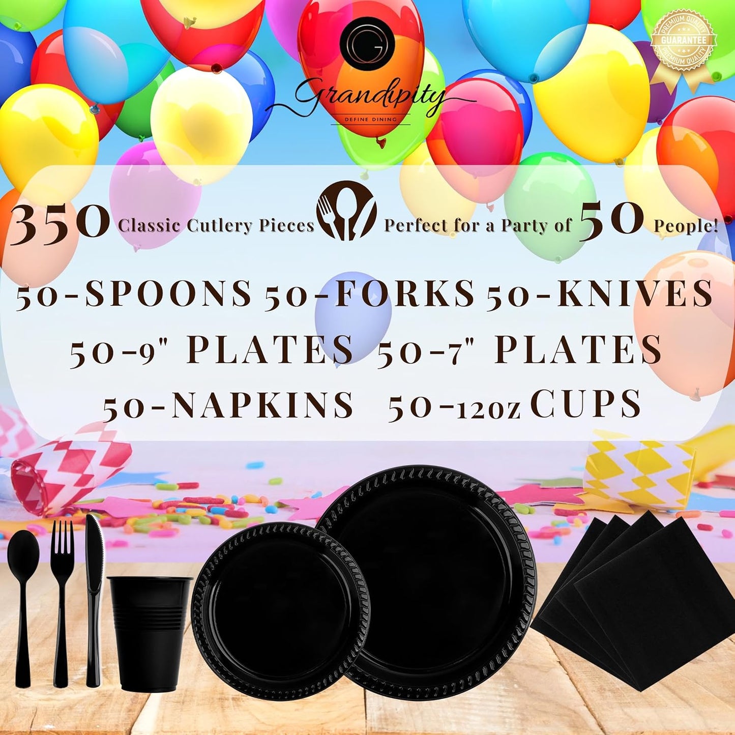 Grandipity 350 Piece Black Dinnerware Set, 50 Guests Plastic Party Plates, Cups, Napkins, Forks, Knives & Spoons