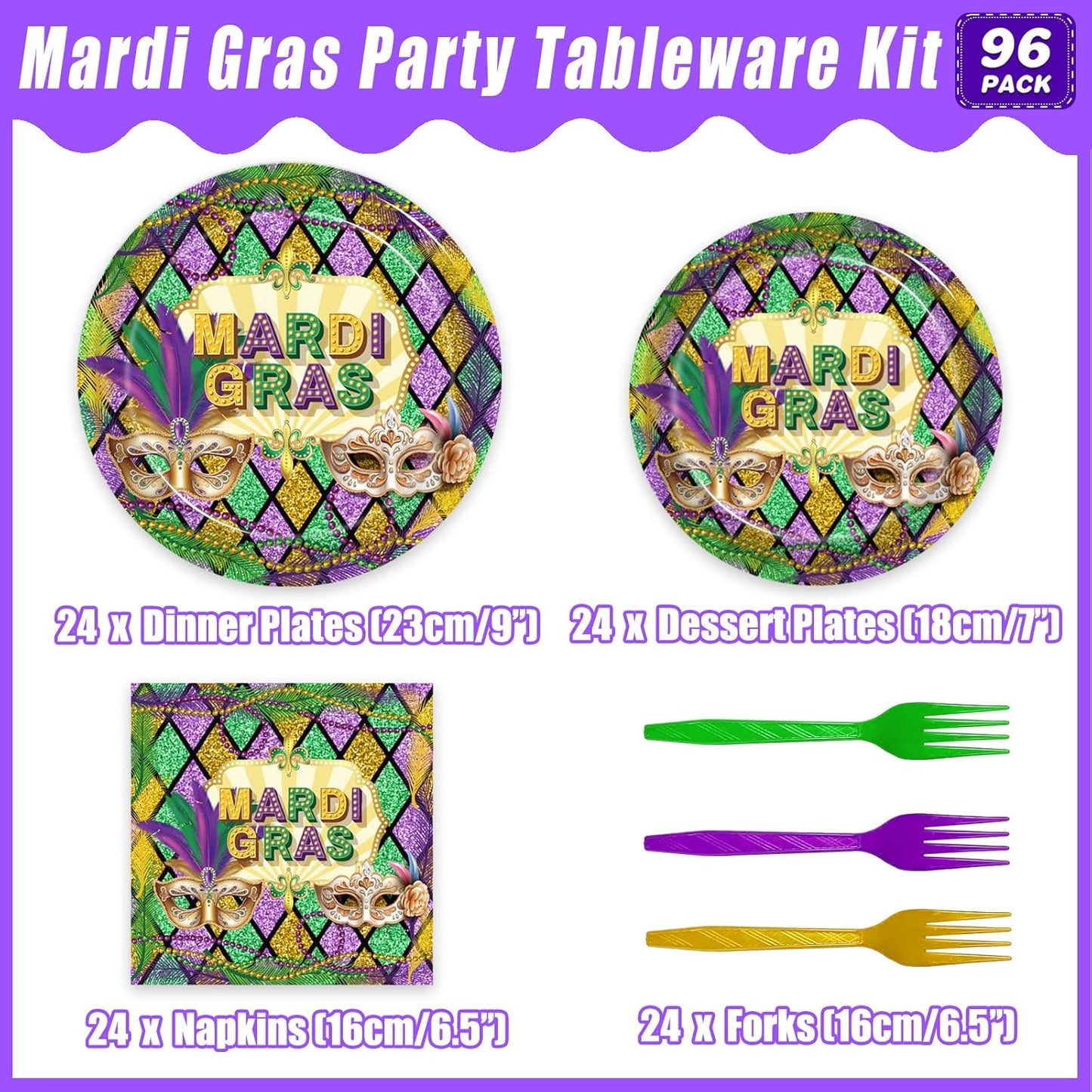 96 Pcs Mardi Gras Party Supplies Masquerade Mask Paper Plates Napkins Set Disposable Dinnerware Tableware for New Orleans Party, Serves 24