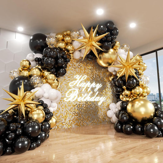 Black and Gold Balloon Garland Arch Kit, 185Pcs Explosion Star Black White Metallic Gold Confetti Latex Balloons for Birthday Anniversary Wedding Engagements Baby Shower Party Decorations