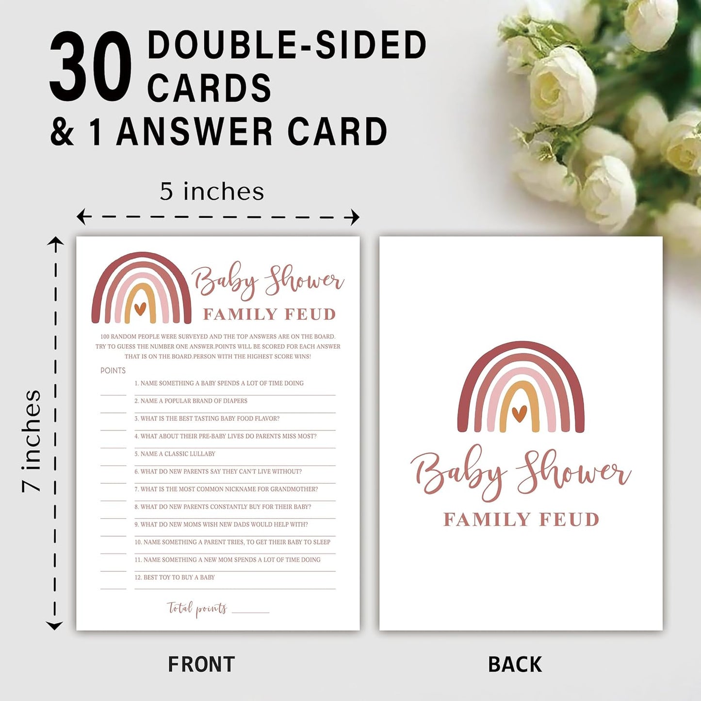 Family Feud Baby Shower Game - Pack of 30 Cards, Answer Key, Rainbow Decorations for Boy & Girl, Feud Game Supplies
