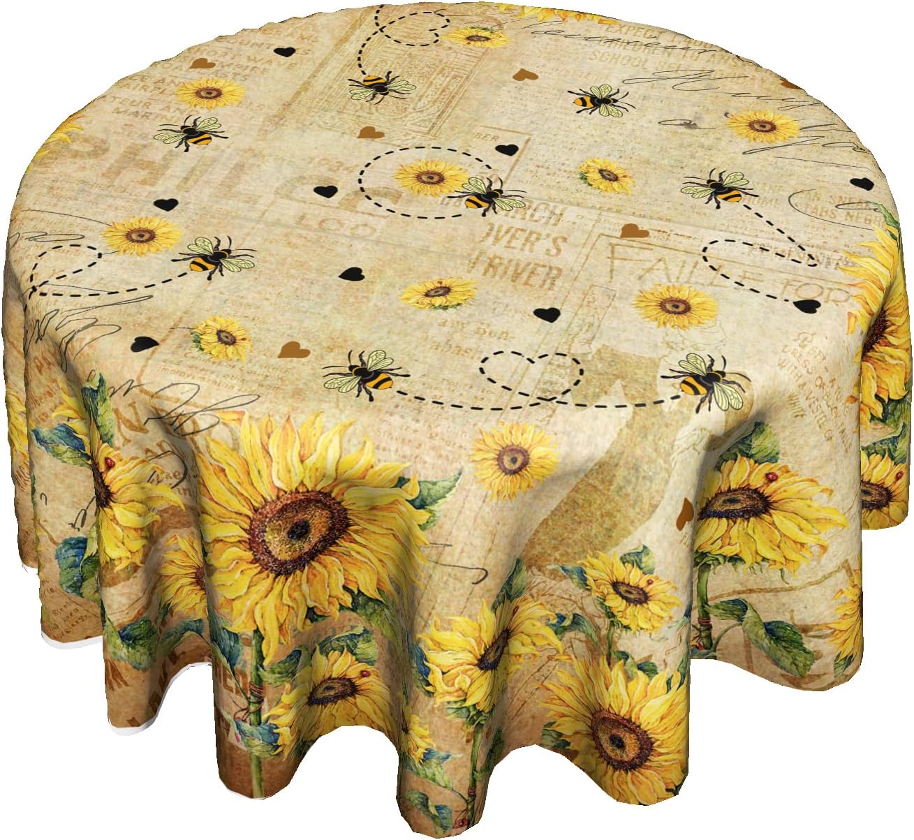 Giwawa Sunflower Bee Round Tablecloth 60inch Yellow Flower Vintage Floral Style Circle Table Cover Wrinkle Free Shabby Chic Cabin Circular Table Cloth Washable for Kitchen Dining Farmhouse Decor