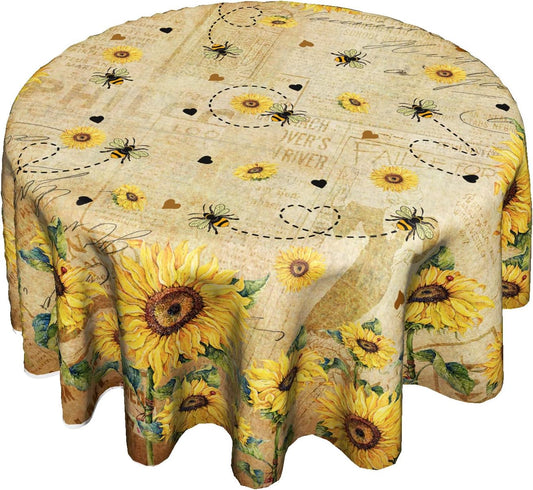 Giwawa Sunflower Bee Round Tablecloth 60inch Yellow Flower Vintage Floral Style Circle Table Cover Wrinkle Free Shabby Chic Cabin Circular Table Cloth Washable for Kitchen Dining Farmhouse Decor