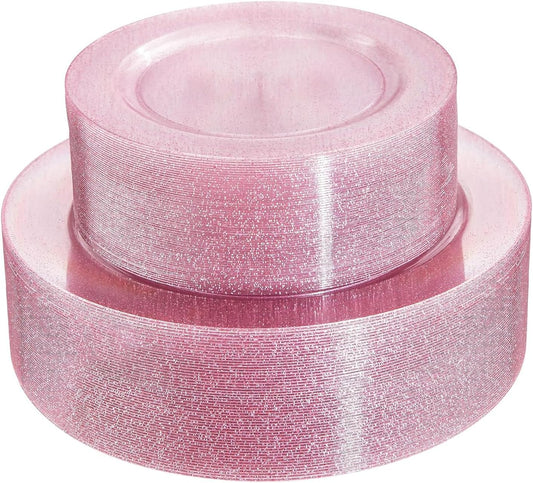 WDF 120pcs Pink Plastic Plates Disposable - Clear Pink Glitter Plates for Valentine's Day/Wedding including 60PCS Dinner Plates 10.25inch and 60PCS Salad Plates 7.5inch for Wedding/Party