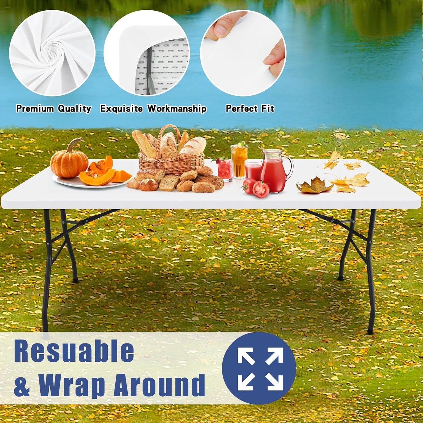 Spandex 8 Foot Rectangle Table Cloth 2 Pack, Elastic Fitted Tablecloths for Picnic, Stretch Washable Patio Table Cover for Outdoor, Camping, Banquet and Parties (White, 36"x96")