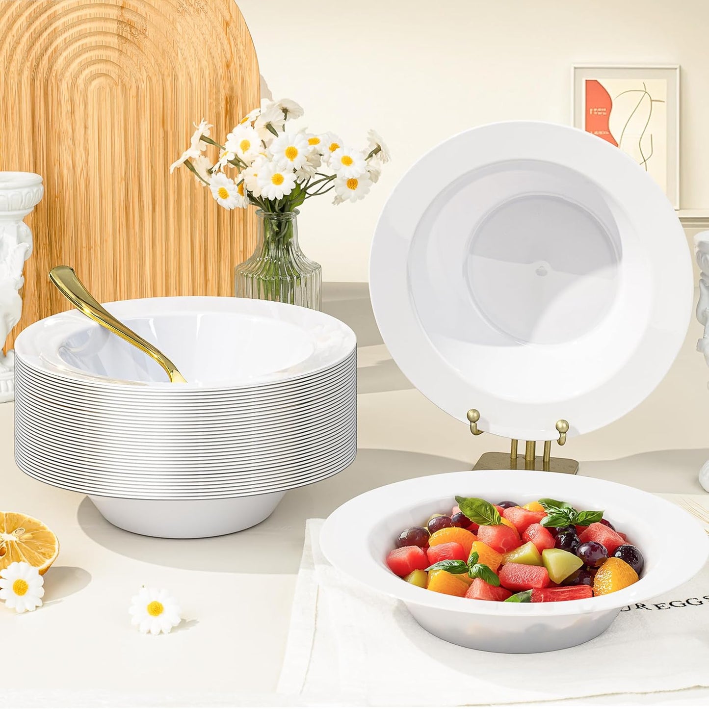 BESTVIP 100 Pack White Plastic Bowls, 12 oz Disposable Soup Bowls, Heavy-duty Dessert Salad Bowl for Christmas, Thanksgiving, Party, Wedding, Dinner, Catering